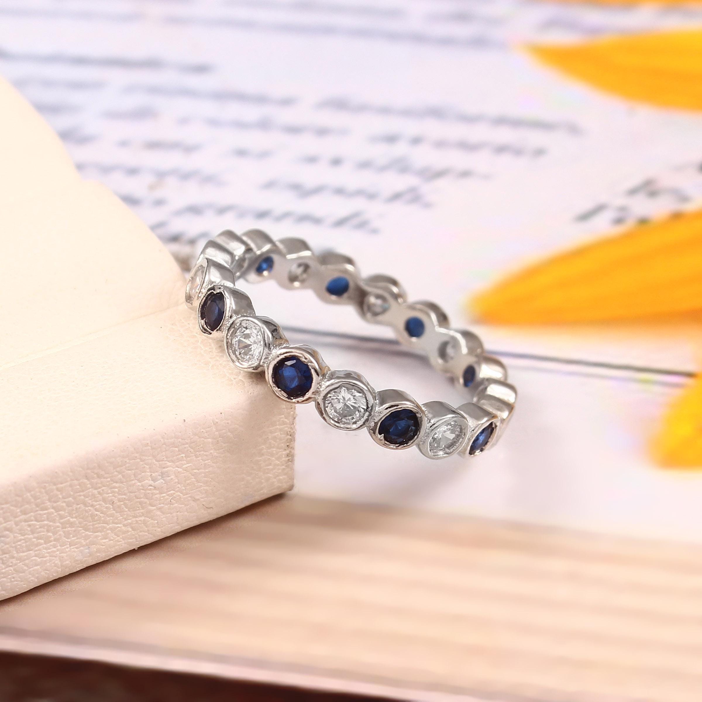 Blue Sapphire Moissanite Wedding Band Full Eternity Channel Alternate Set Art Deco Bubble Round Silver Anniversary Gift Promise Ring For Her