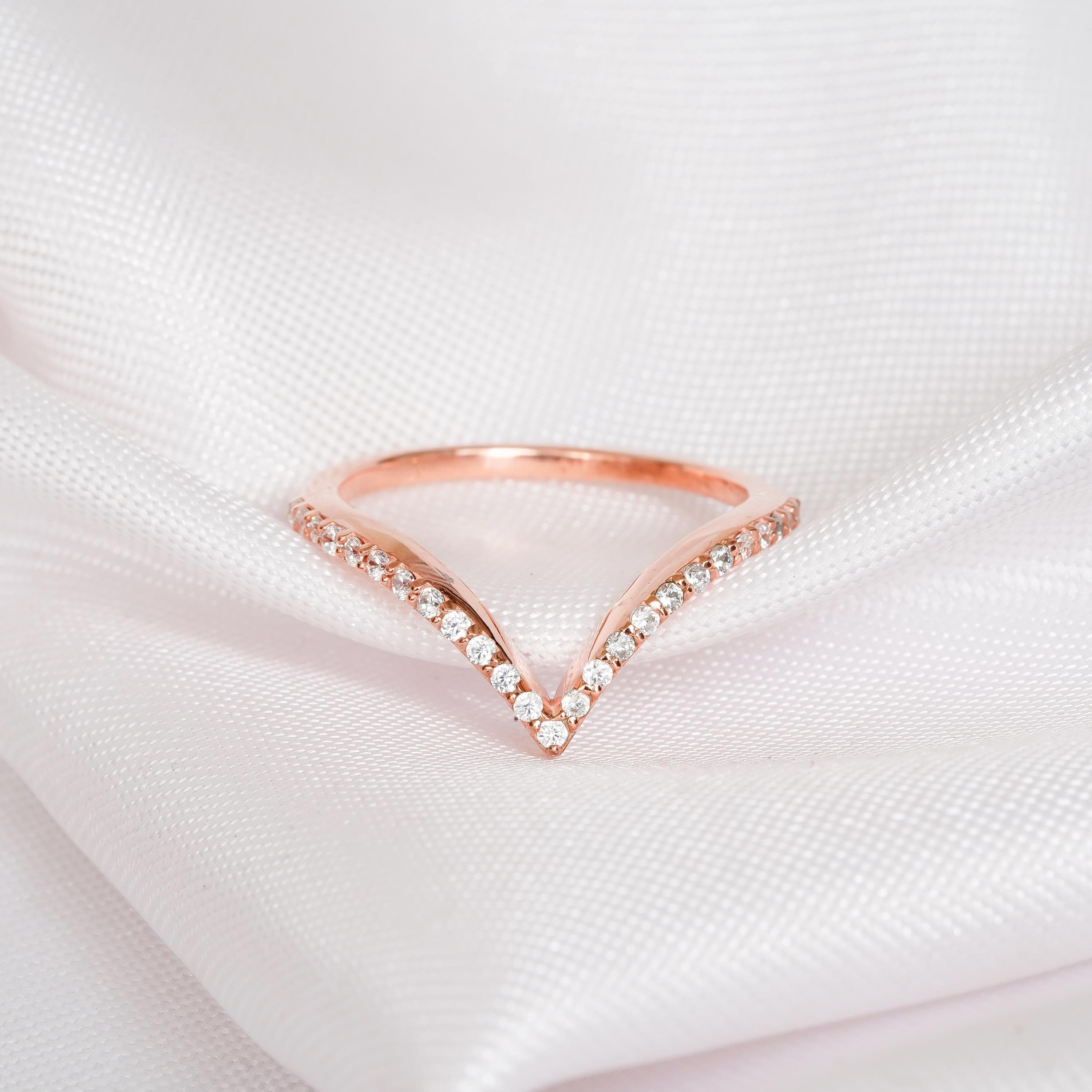 Curved Moissanite Stacking Wedding Band V Shape Chevron Band 925 Sterling Silver  Engagement Ring Set Bridal band Minimalist Matching Band