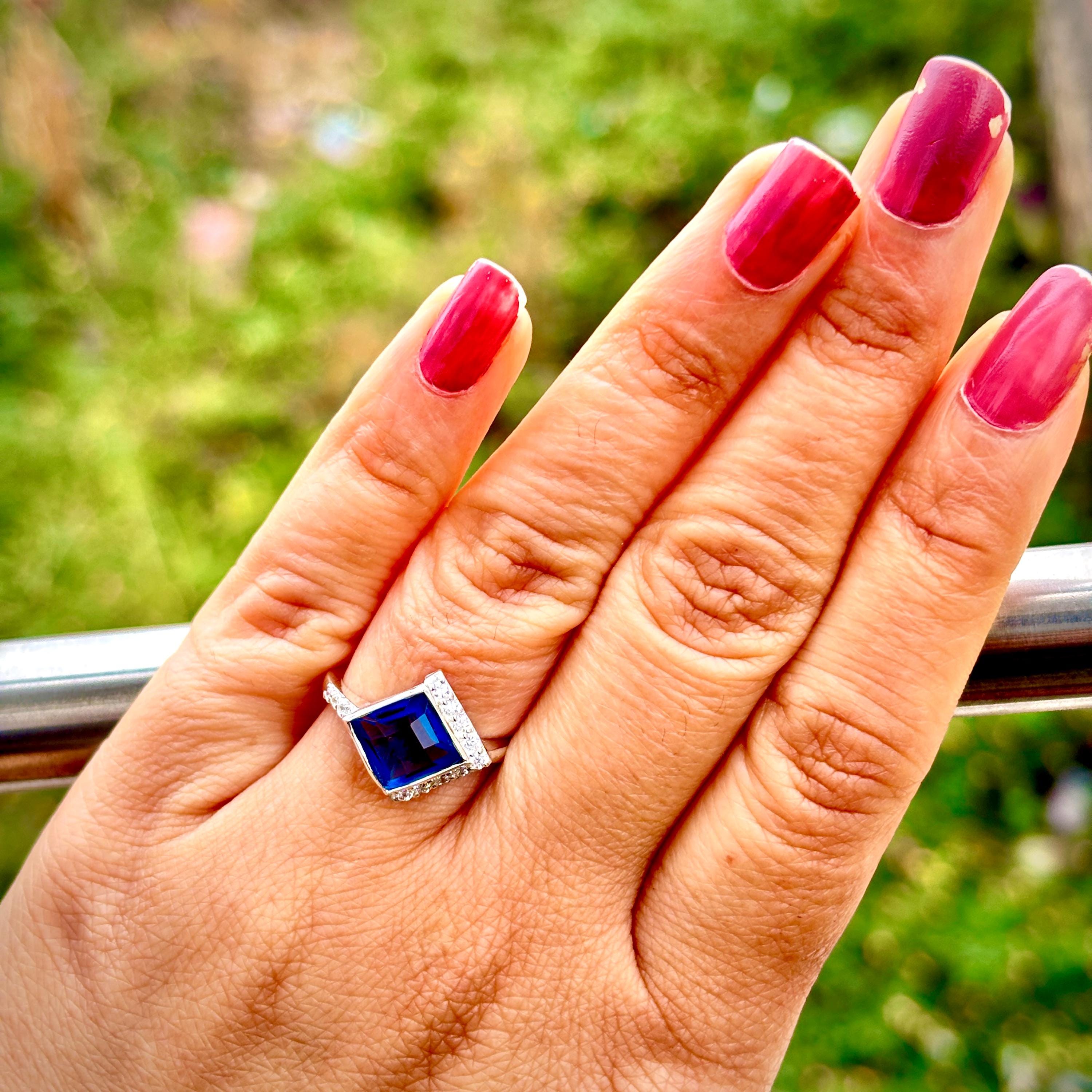 Blue Sapphire Engagement Ring 925 Sterling Silver Elongated Princess Cut East West Bezel Set Wedding Ring Bridal Anniversary Gift For Her