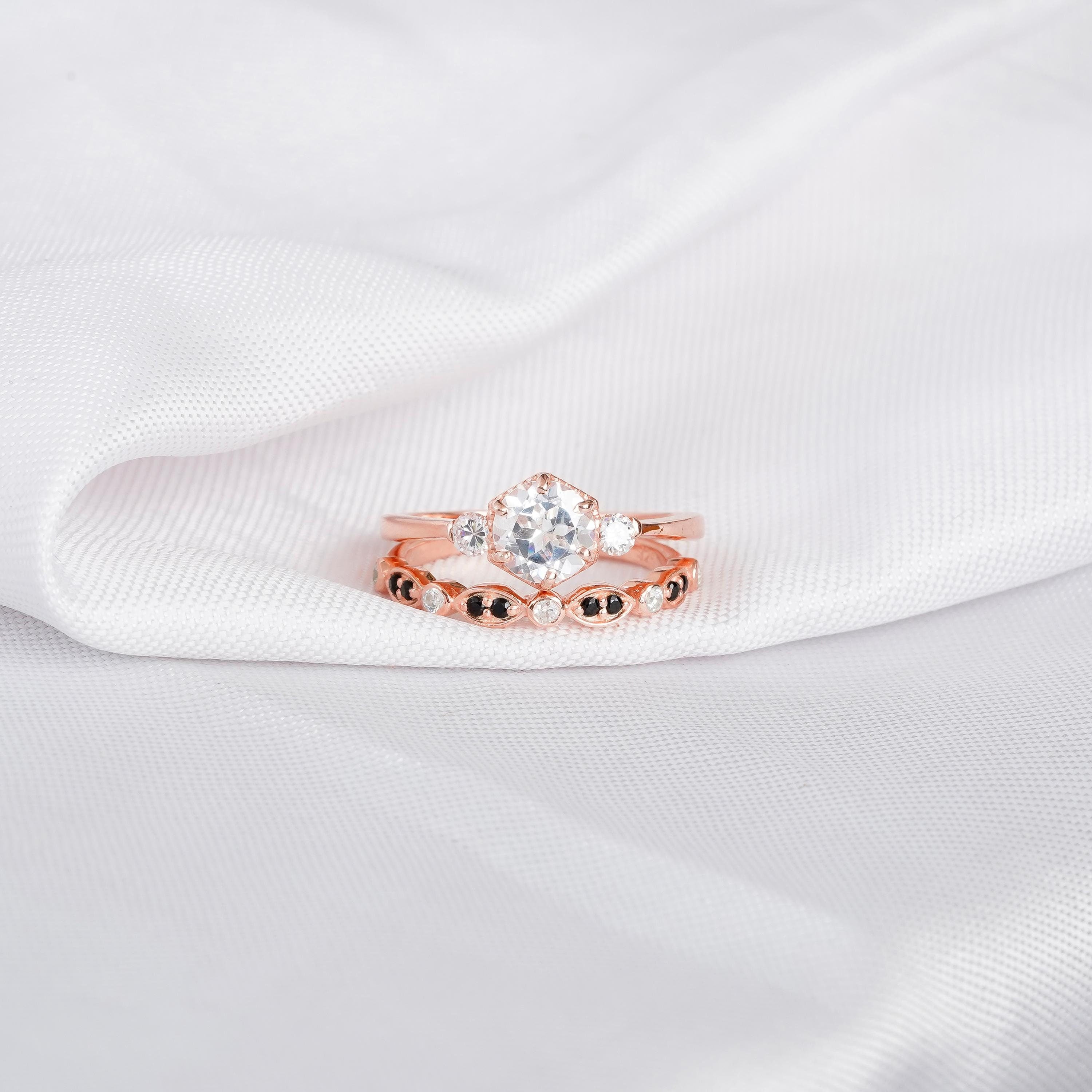 Engagement Ring Set For Women 925 Sterling Silver Moissanite Three Stone Bridal ArtDeco 1.5c Ring Matching Black Onyx Dainty Wedding Band