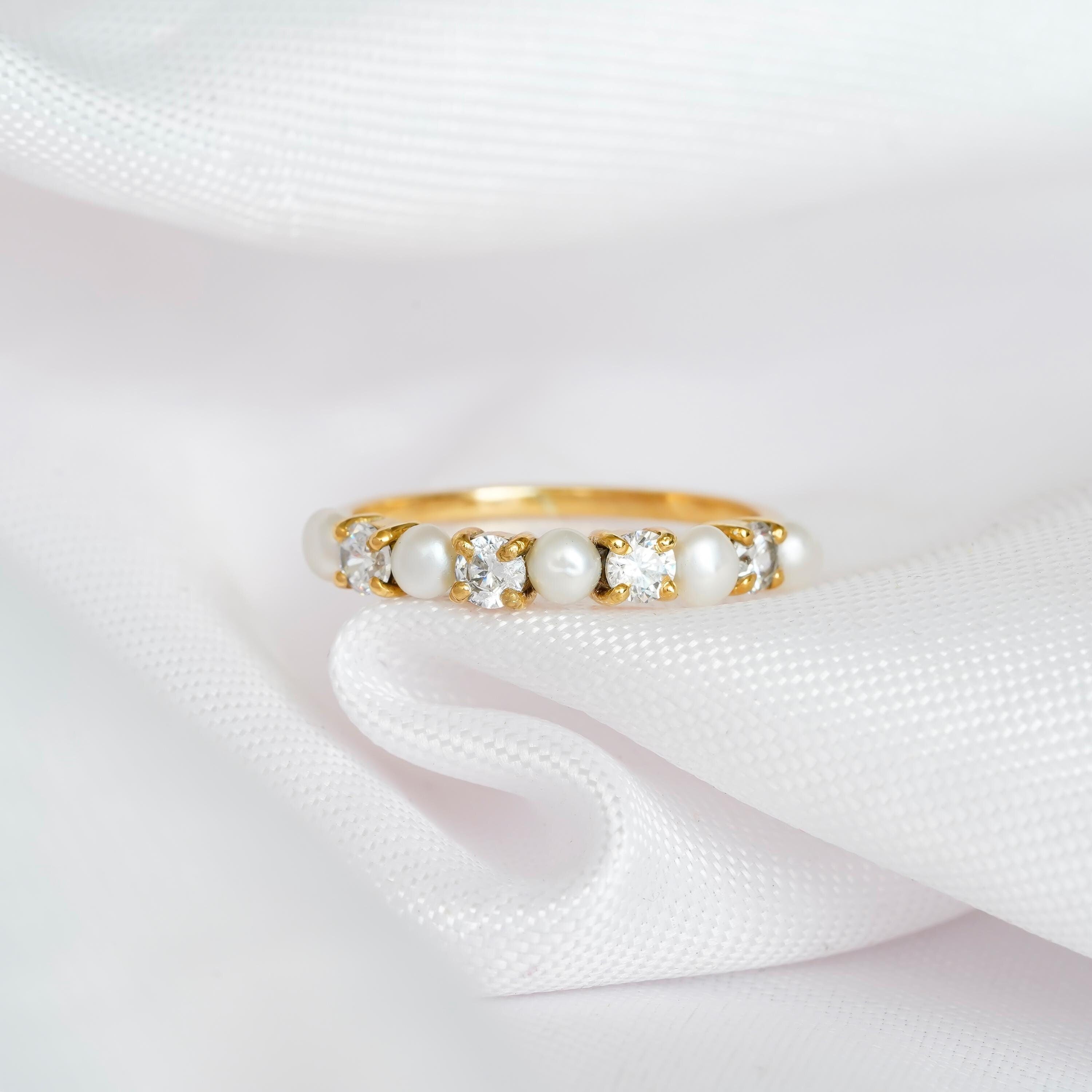 Pearl Wedding Band For Women 925 Sterling Silver Moissanites Stackable Round Cut Half Eternity Bridal Matching Anniversary Gift Dainty Band