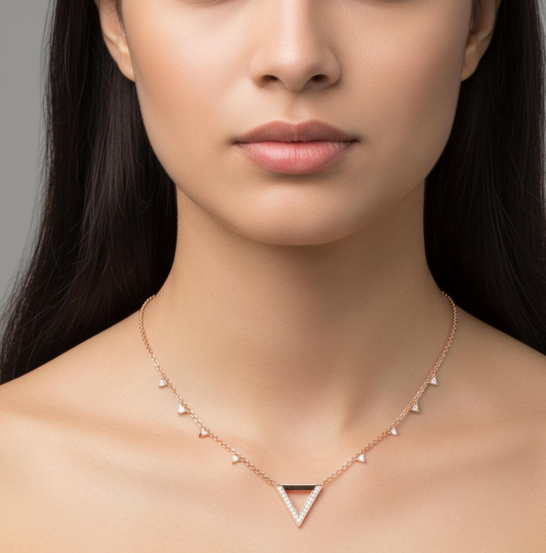 Triangle Necklace Moissanite 925 Sterling Silver Geometric Dainty Minimalist Bridal Layering Pendant 18 inch Chain Anniversary Gift For Her