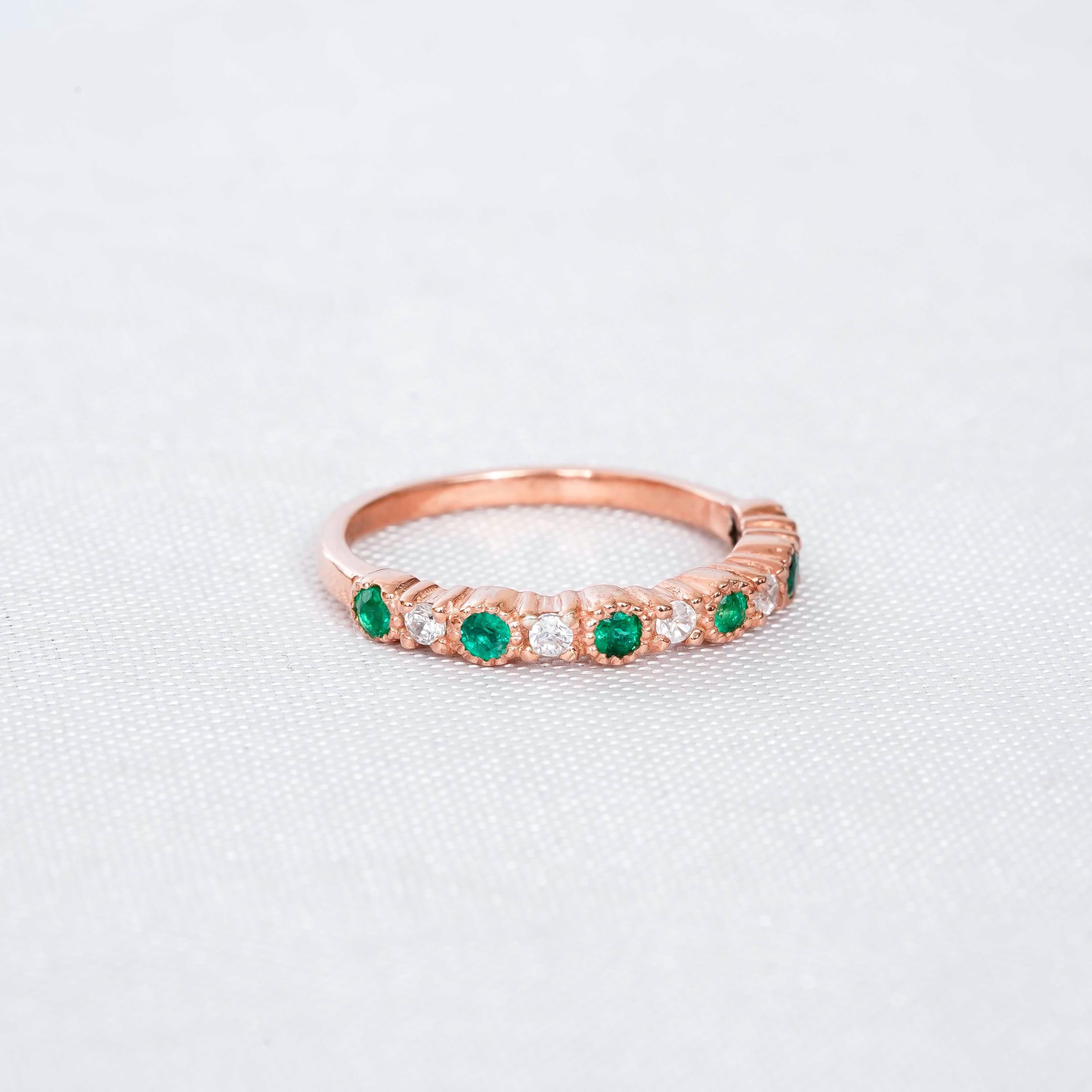 Emerald Wedding Band For Women 925 Sterling Silver With Moissanites Green Stackable Half Eternity Matching Anniversary Gift Dainty Ring Band