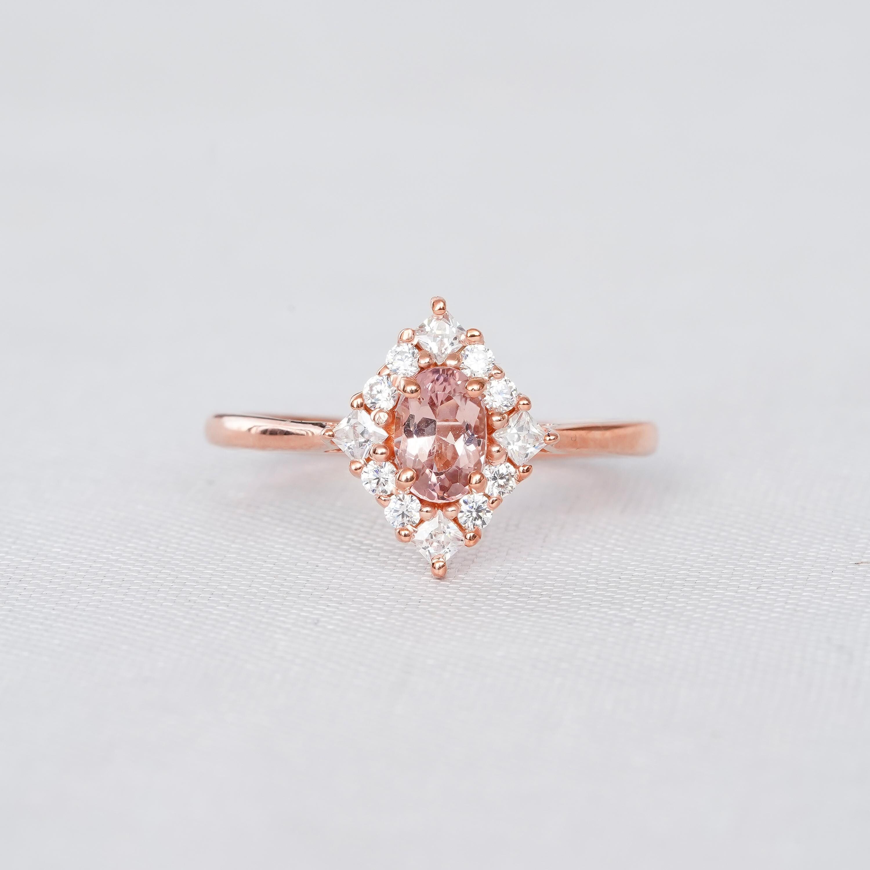 Morganite Ring For Women 925 Sterling Silver Oval Peach Morganite Engagement Wedding Ring Proposal Art Deco Marquise Shape Flower Halo Ring