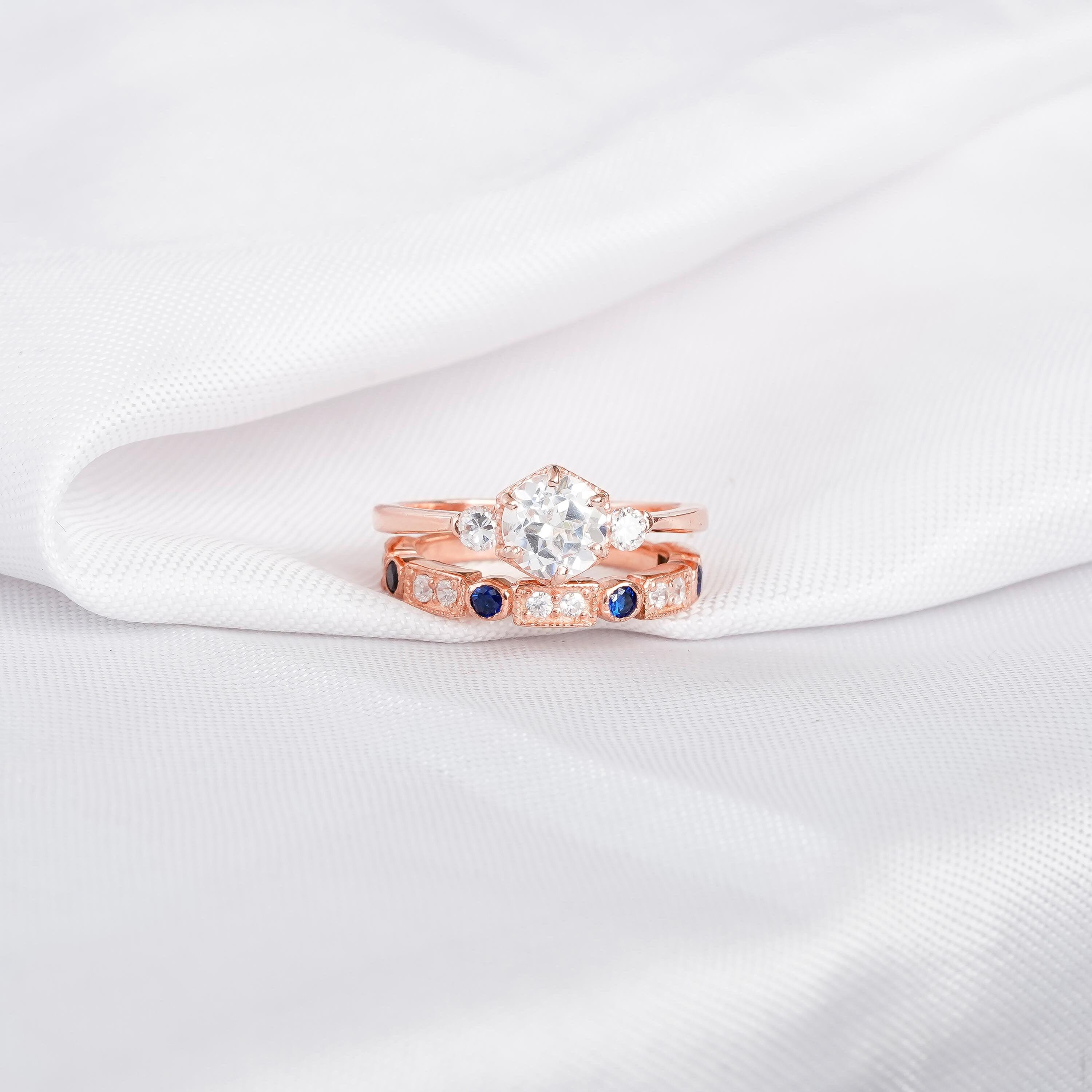 Engagement Ring Set For Women 925 Sterling Silver Moissanite Three Stone Bridal ArtDeco 1.5c Ring Matching Blue Sapphire Dainty Wedding Band