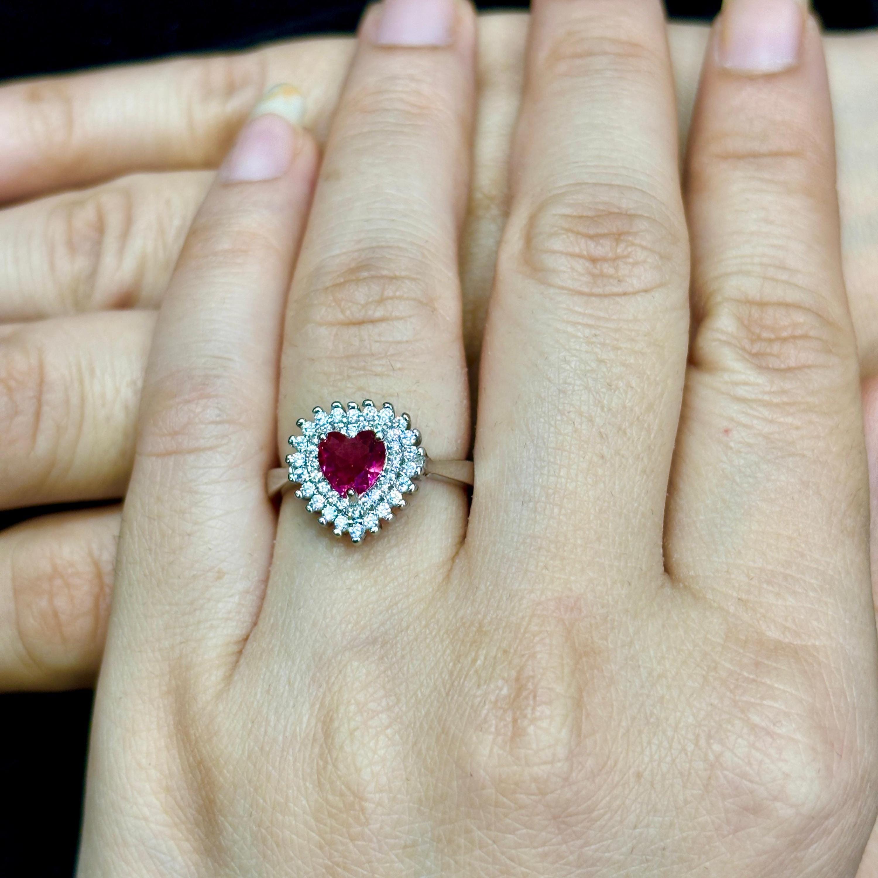 Heart Ruby Engagement Ring Double Halo Princess Diana Inspired Red Ruby Vintage Art Deco Dainty Unique Wedding Anniversary Gift For Women