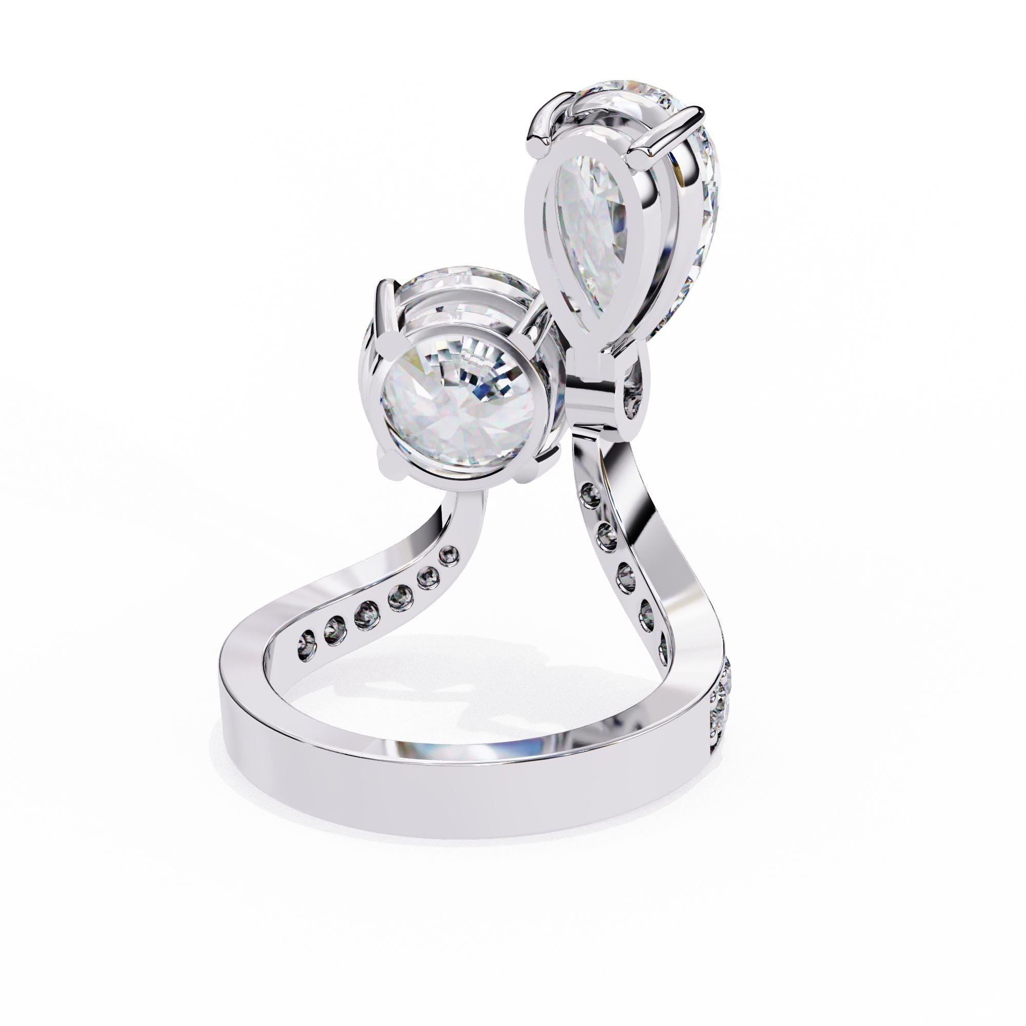 Toi Et Moi Engagement Ring Open Unique Wedding Bridal Bypass Pear and Round Moissanite Art Deco Prong Proposal Anniversary Ring For Women