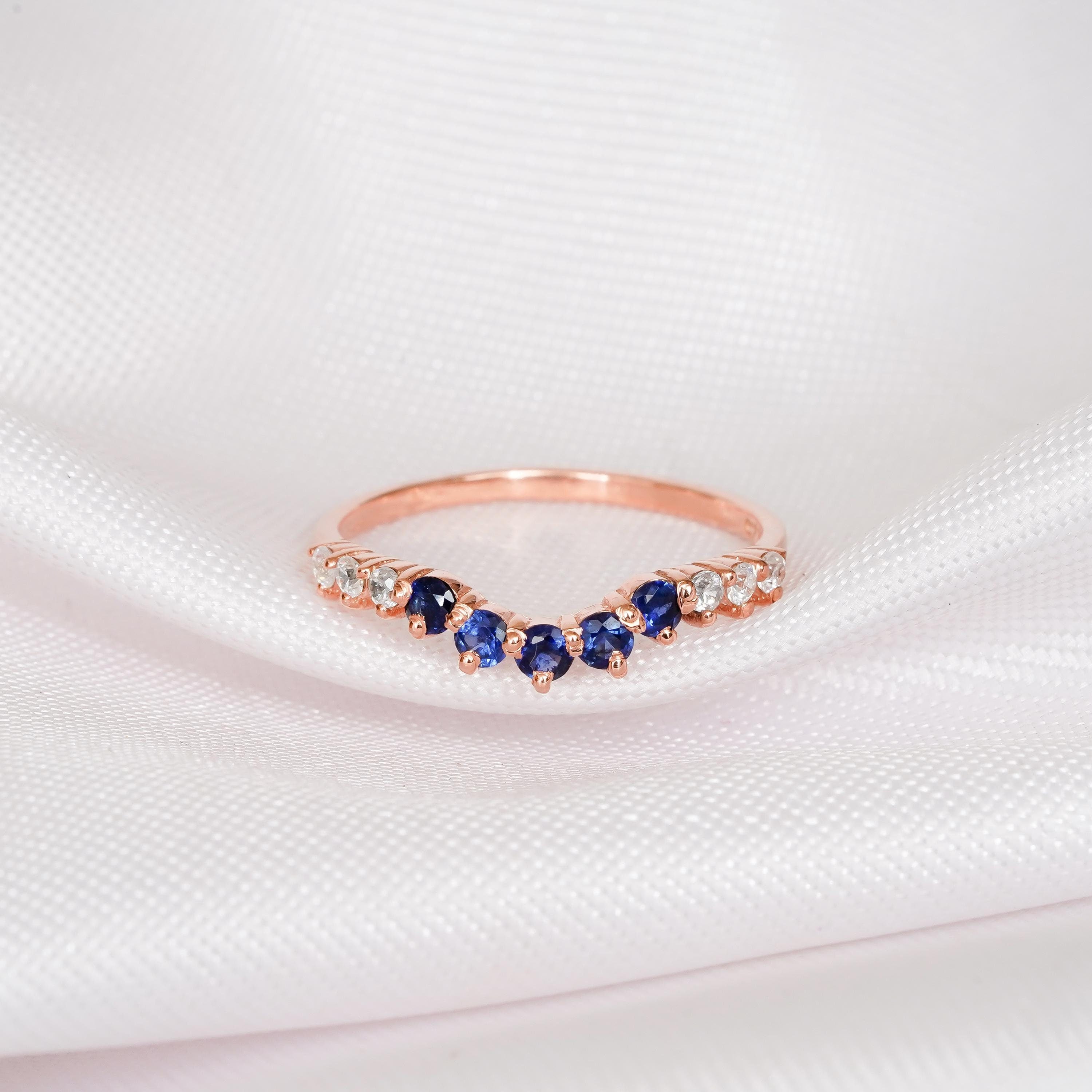 Blue Sapphire Dainty Curved Wedding Band For Women 925 Sterling Silver Round Stackable  Bridal Matching Anniversary Gift Dainty Ring For Her