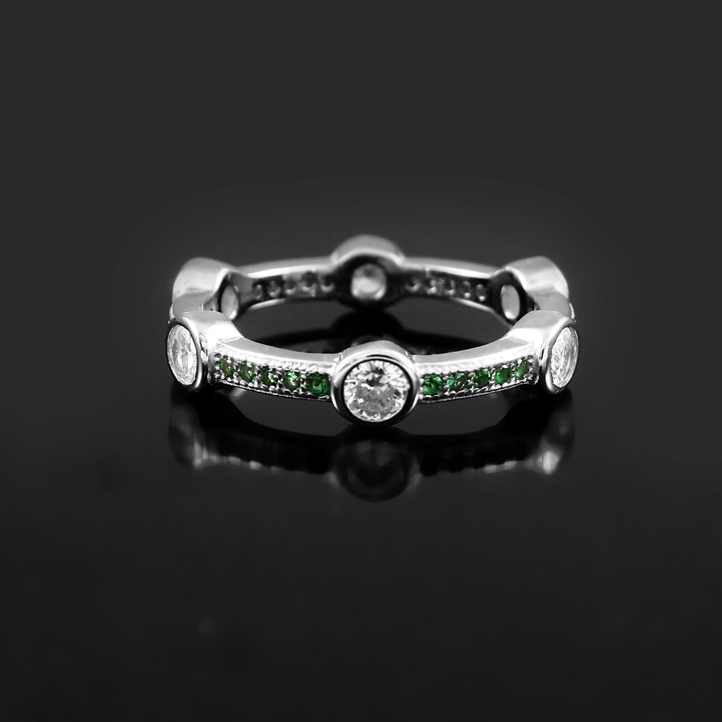 Moissanite Wedding Band With Emerald Bezel Set Art Deco Eternity Band Bubble Stacking Dainty Silver Anniversary Gift Promise Ring For Her
