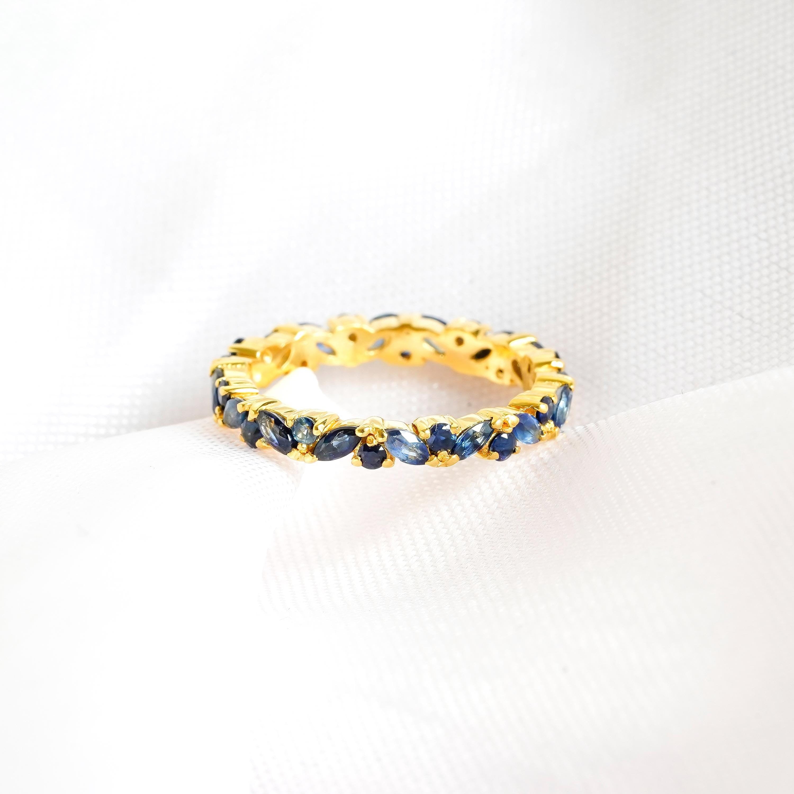 Marquise Blue Sapphire Wedding Band For Women Full Eternity 925 Sterling Silver Stackable  Bridal Matching Anniversary Gift Dainty Ring Band