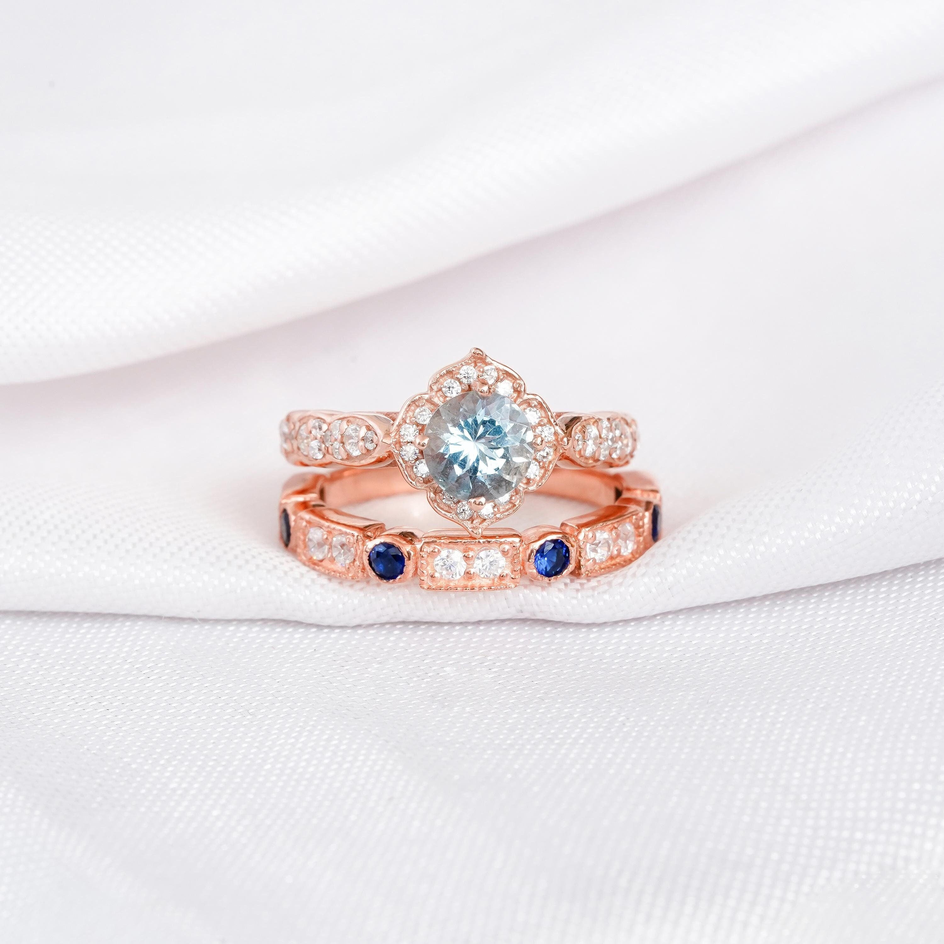 Aquamarine Ring Set For Women With Matching Blue Sapphire Dainty Wedding Band Floral Halo Vintage Art Deco Engagement Bridal Proposal Ring