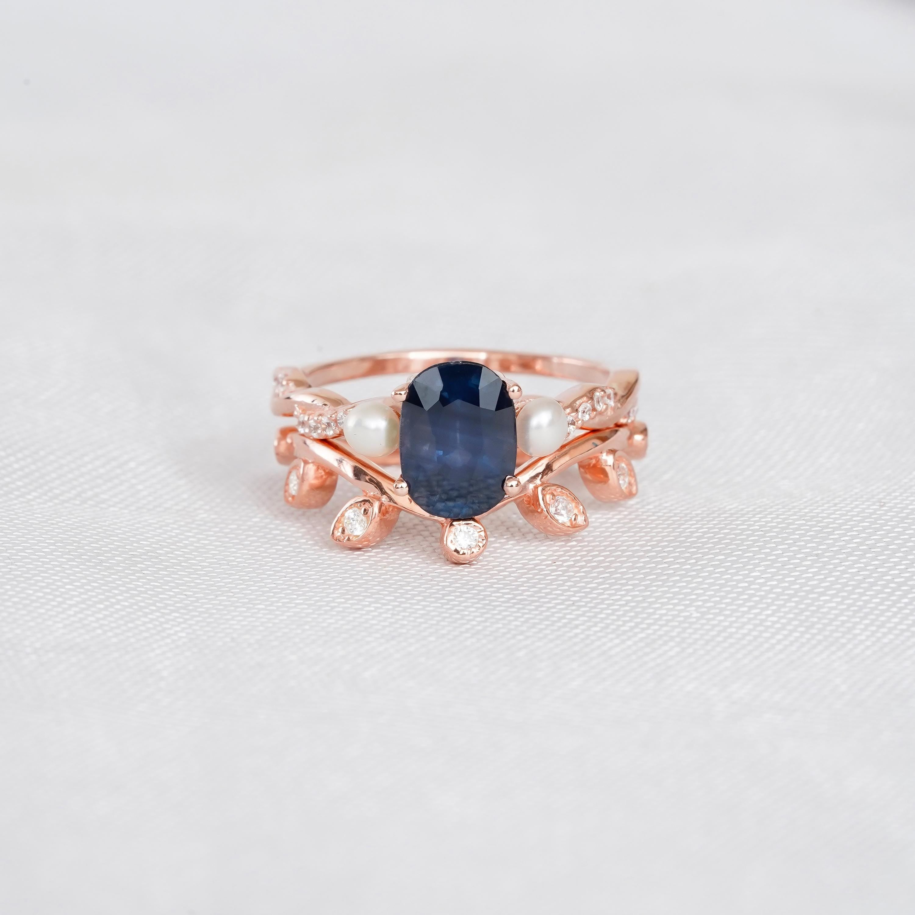 Blue Sapphire Engagement Ring Set Matching Moissanite Leaf Wedding Band For Women Art Deco Pearl Accent Infinity Halo Bridal Proposal Ring