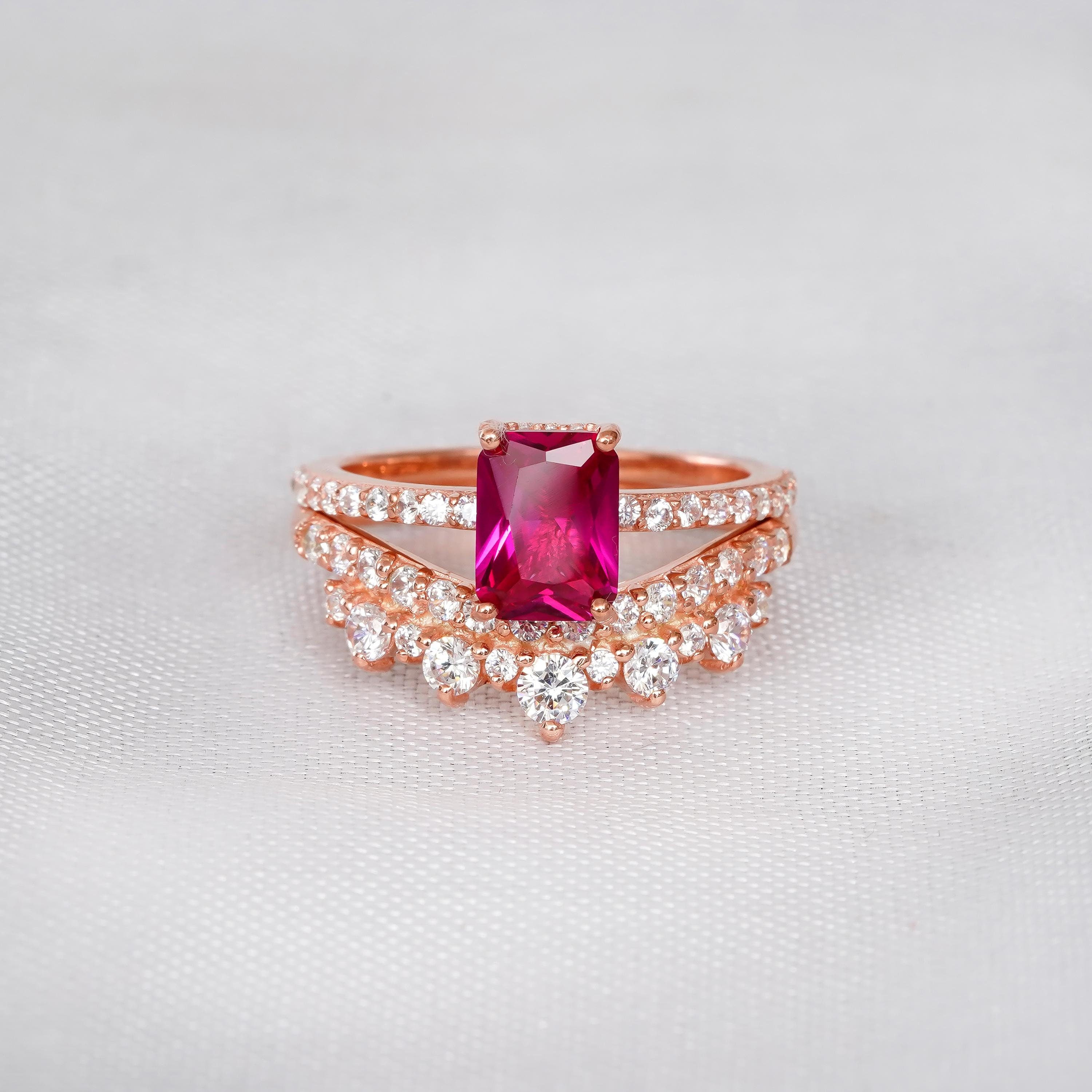 Ruby Ring Set Matching Ruby Crown Wedding Band For Women Radiant Cut Art Deco Solitaire Hidden Halo Engagement Prong Set Bridal Promise Ring