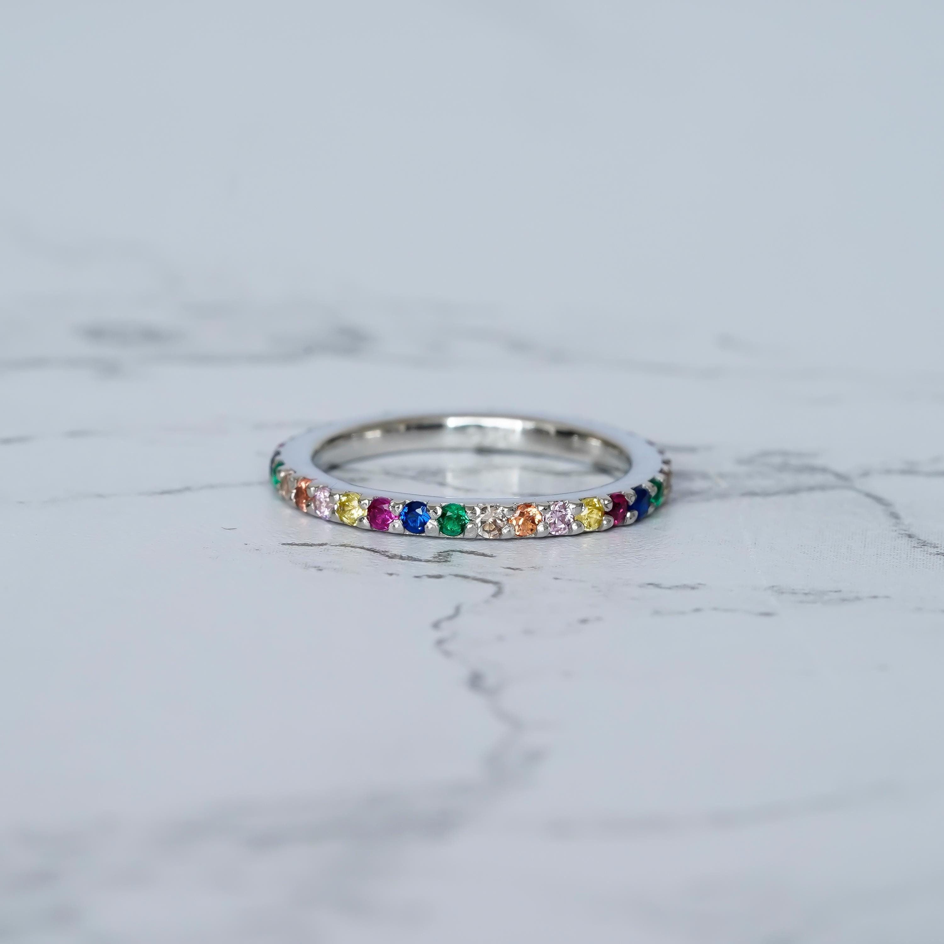 Multicolor Eternity Band For Women 925 Sterling Silver CZ Rainbow Stackable Delicate Full  Eternity Bridal Matching Anniversary Gift Dainty