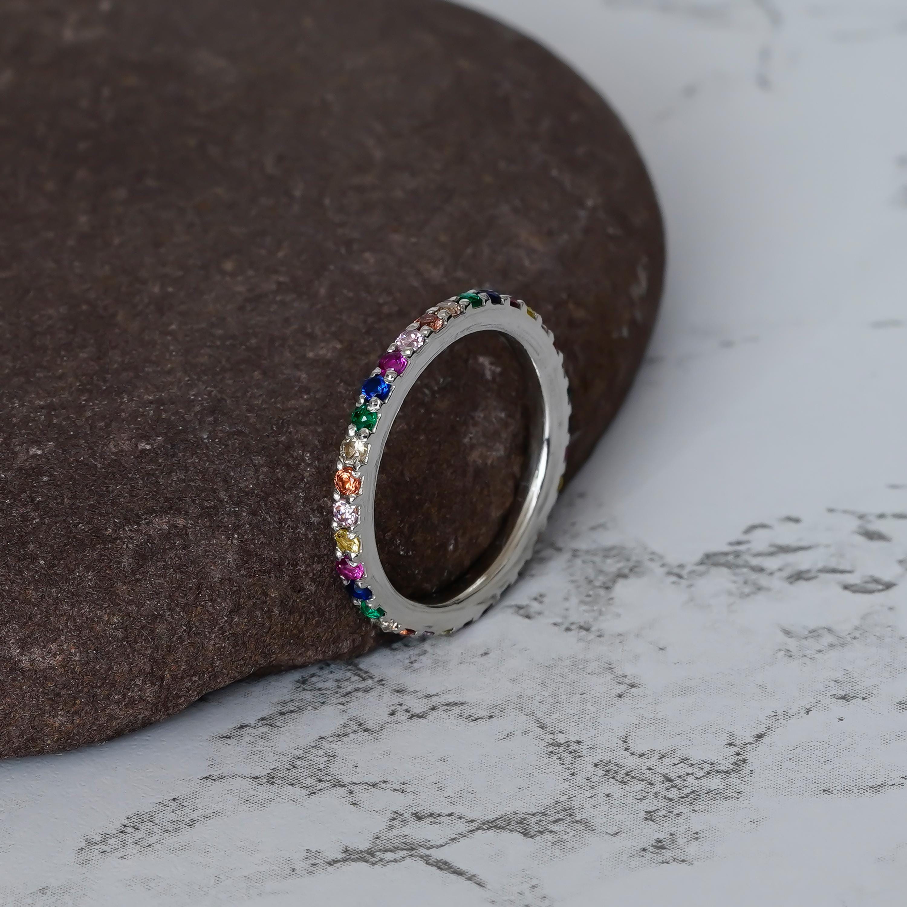 Multicolor Eternity Band For Women 925 Sterling Silver CZ Rainbow Stackable Delicate Full  Eternity Bridal Matching Anniversary Gift Dainty