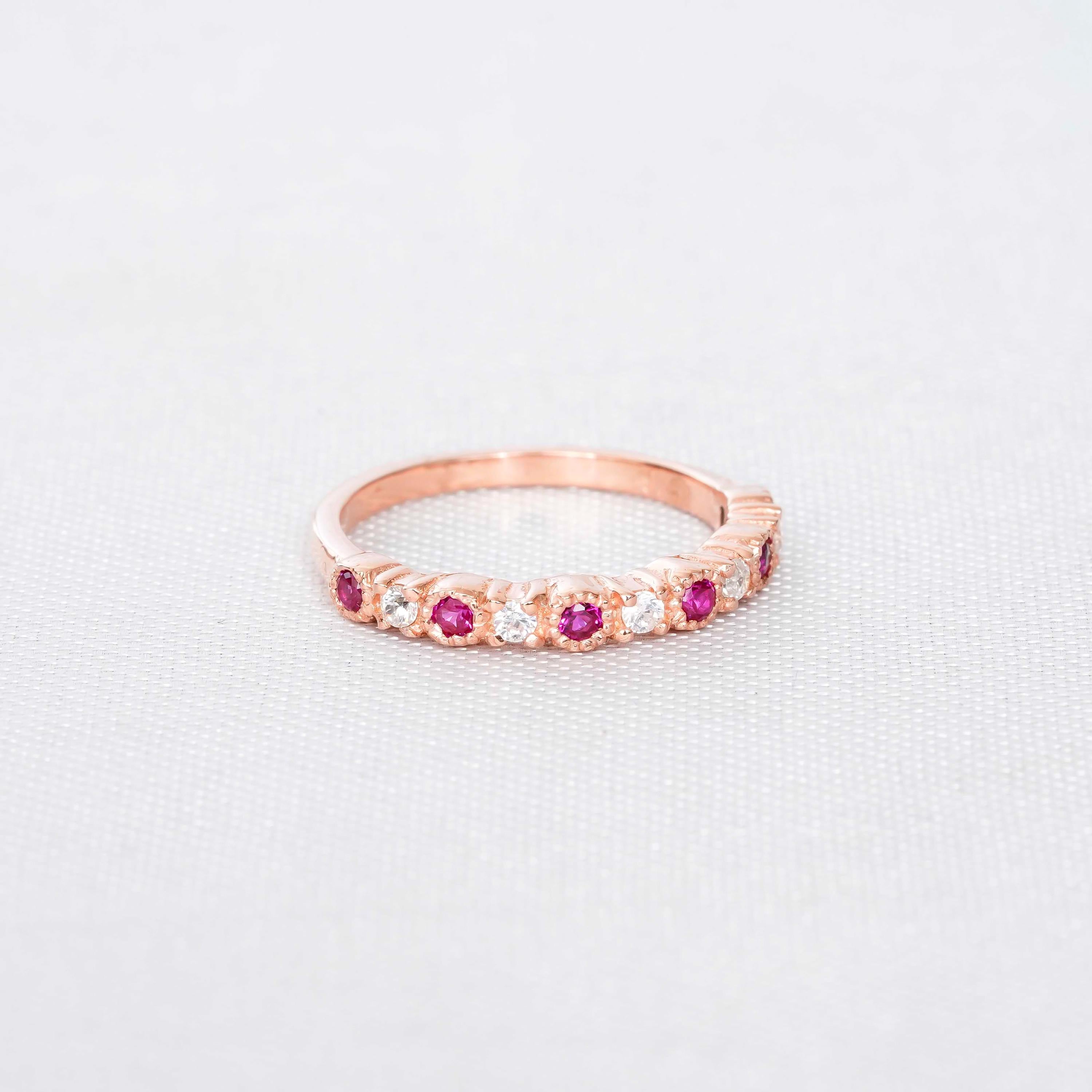 Ruby Wedding Band For Women 925 Sterling Silver With Moissanites Pink Stackable Milgrain Half Eternity Matching Anniversary Dainty Ring Band