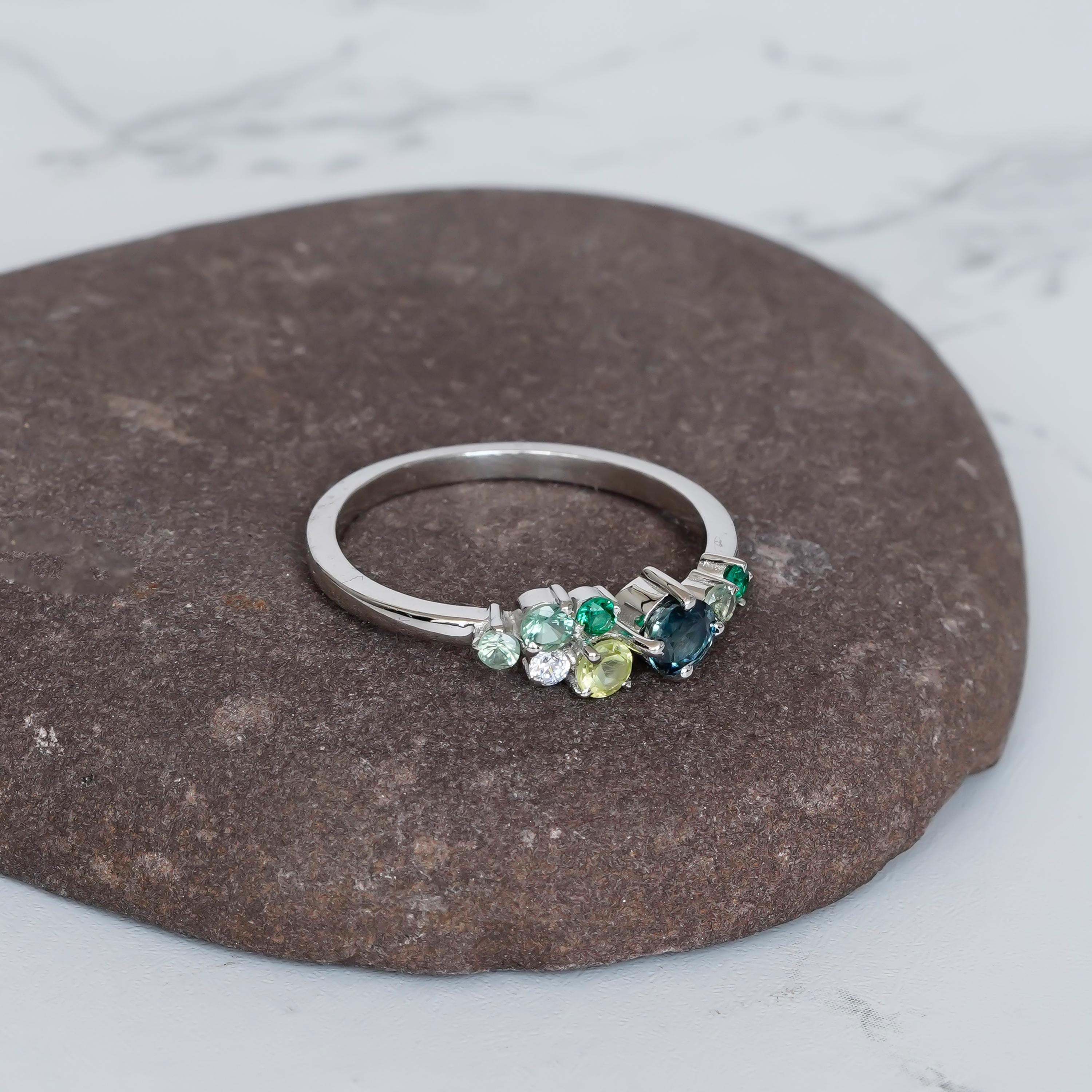 Multicolor Cluster Ring Band For Women 925 Sterling Silver CZ Stackable Delicate Half Eternity Bridal Matching Anniversary Gift Dainty Band