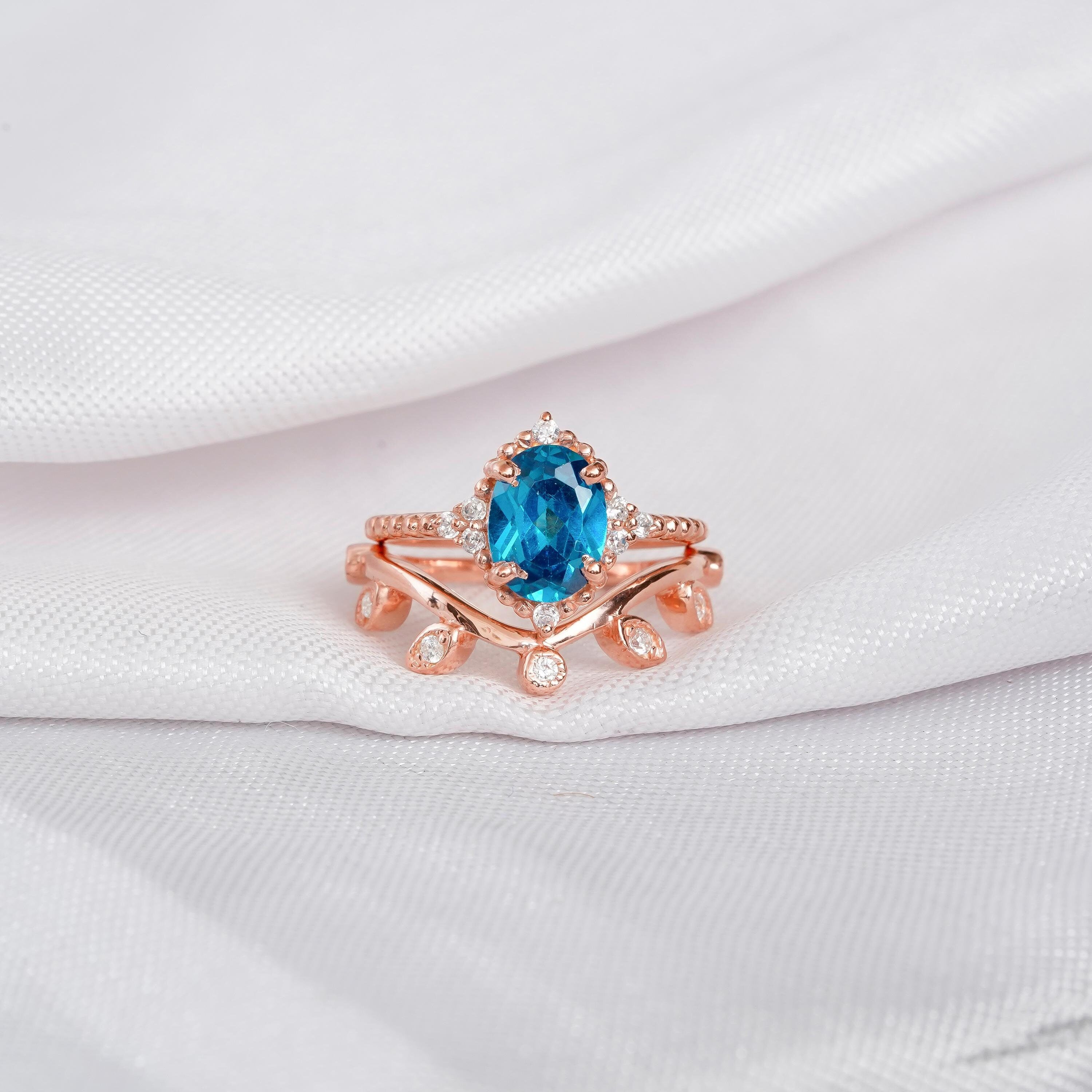 London Blue Topaz Engagement Ring Set For Women Matching Moissanite Leaf Shape Wedding Band 925 Sterling Silver Halo Beaded Band Bridal Ring