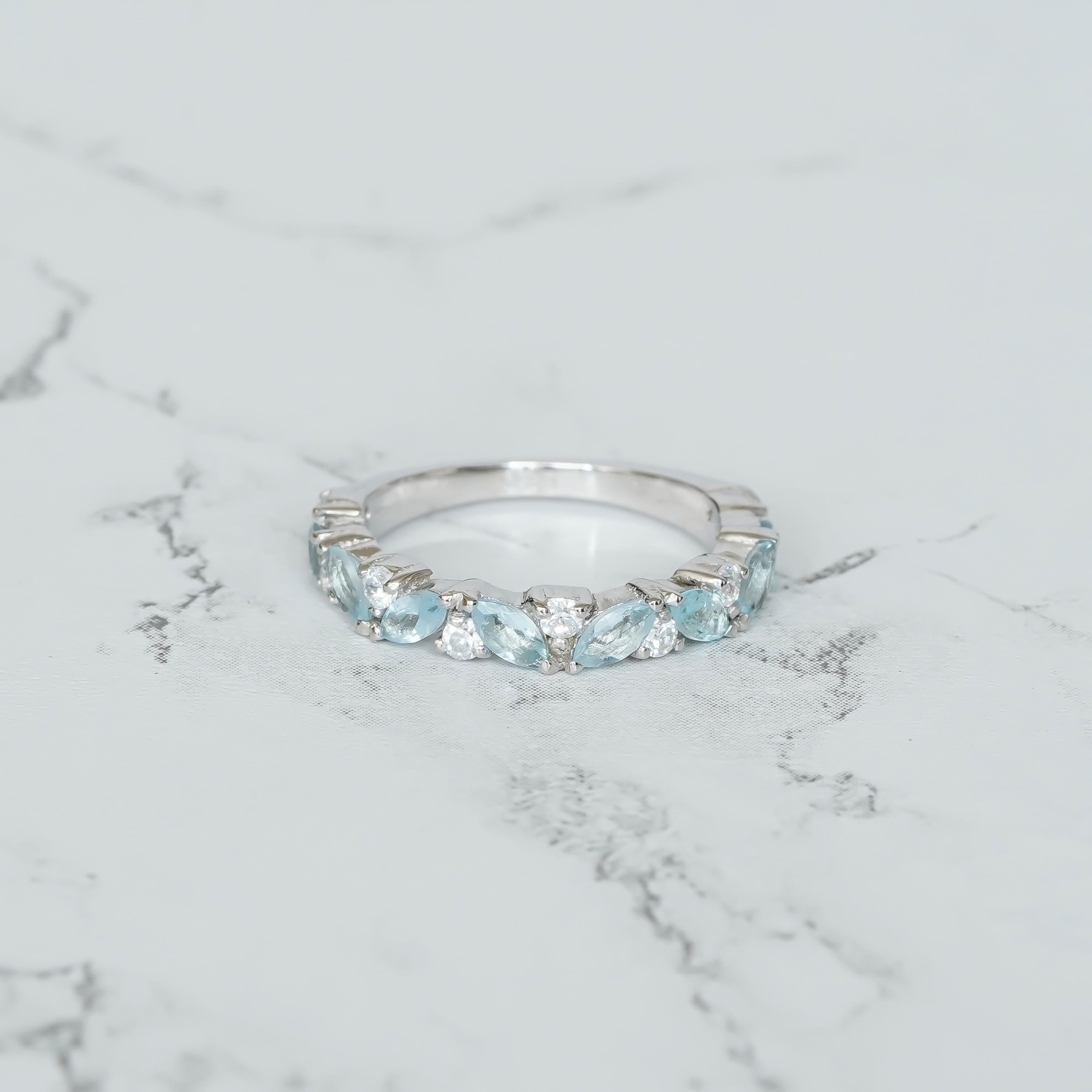 Aquamarine Wedding Band For Women 925 Sterling Silver Moissanites Stackable Blue Half Eternity Bridal Matching Anniversary Gift Dainty Band