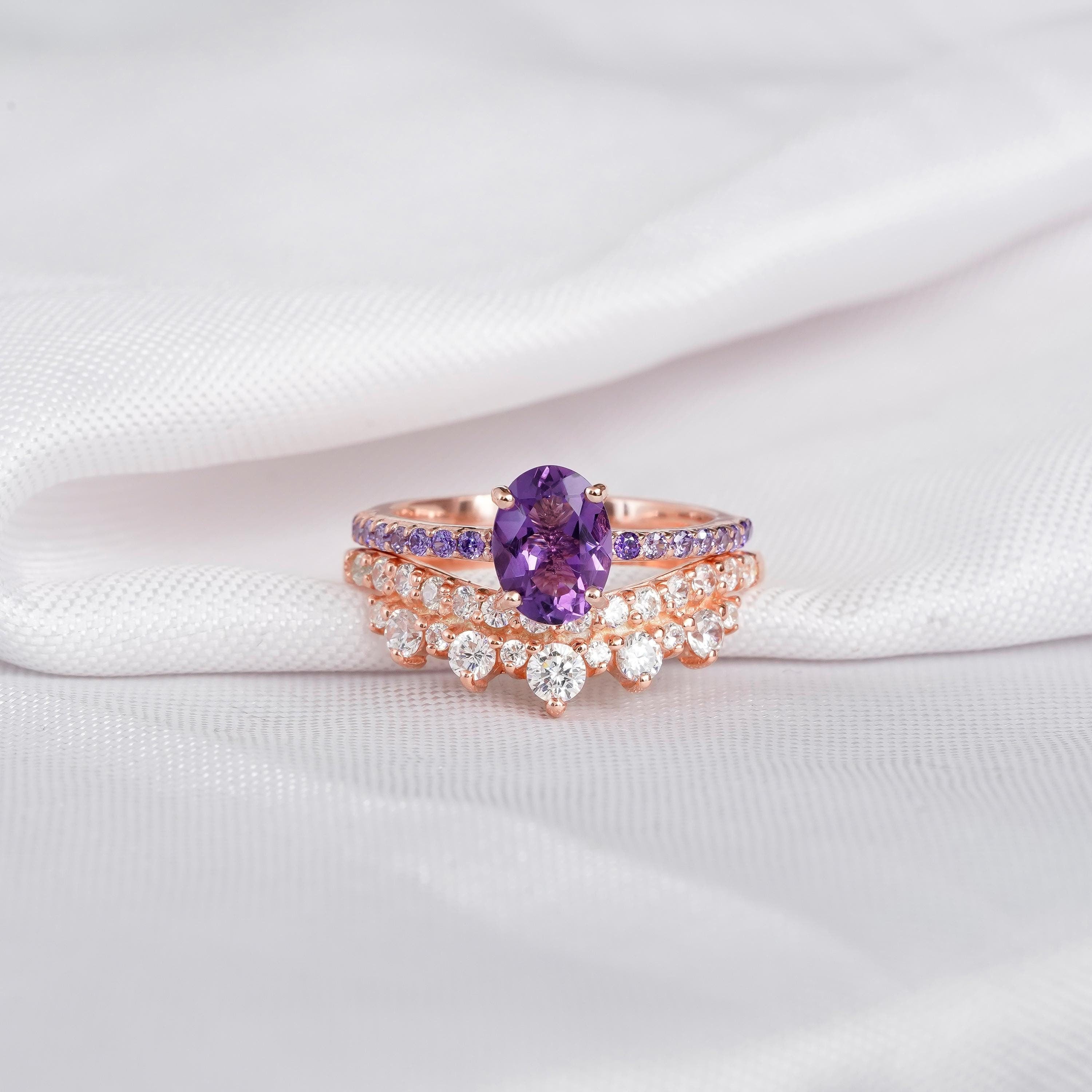 2ct Amethyst Engagement Ring Set Matching Moissanite Crown Wedding Band For Women Oval Accents Solitaire Eternity Prong Bridal Promise Ring