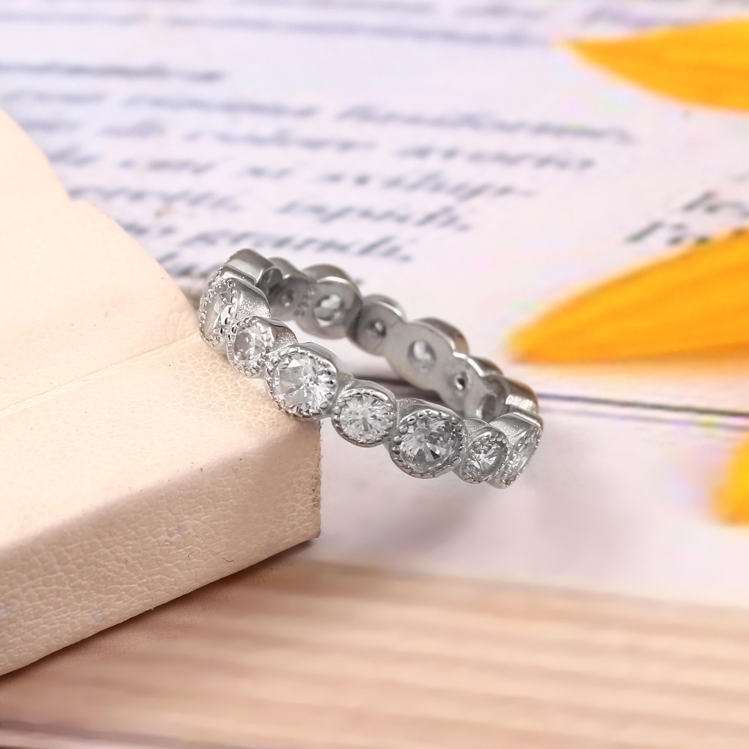 Moissanite Wedding Band Milgrain Bezel Set Art Deco Full Eternity Stacking Dainty Silver Proposal Ring Anniversary Gift Promise Ring For Her