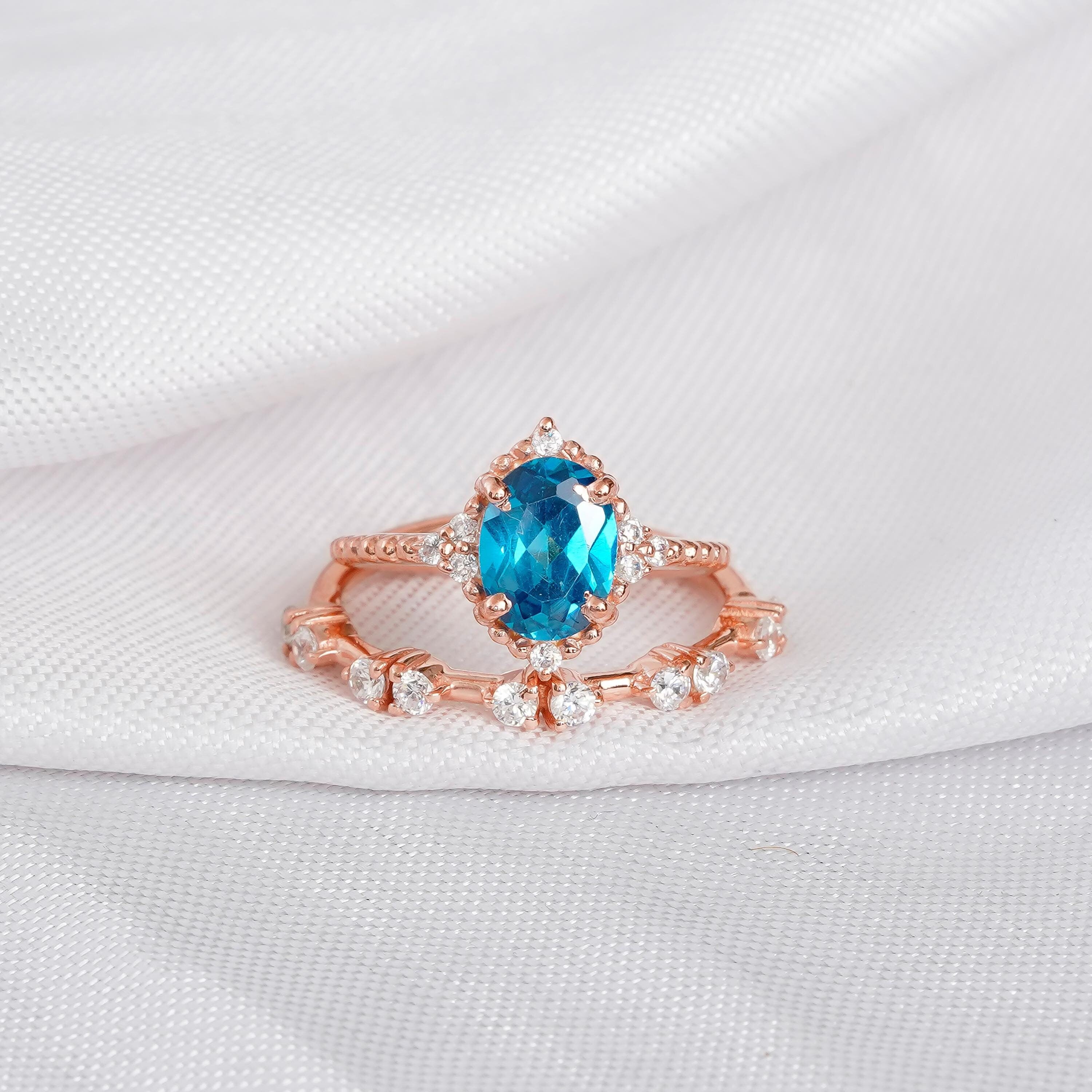 London Blue Topaz Engagement Ring Set For Women Matching Moissanite Dainty Wedding Band 925 Sterling Silver Halo Beaded Band Bridal Ring