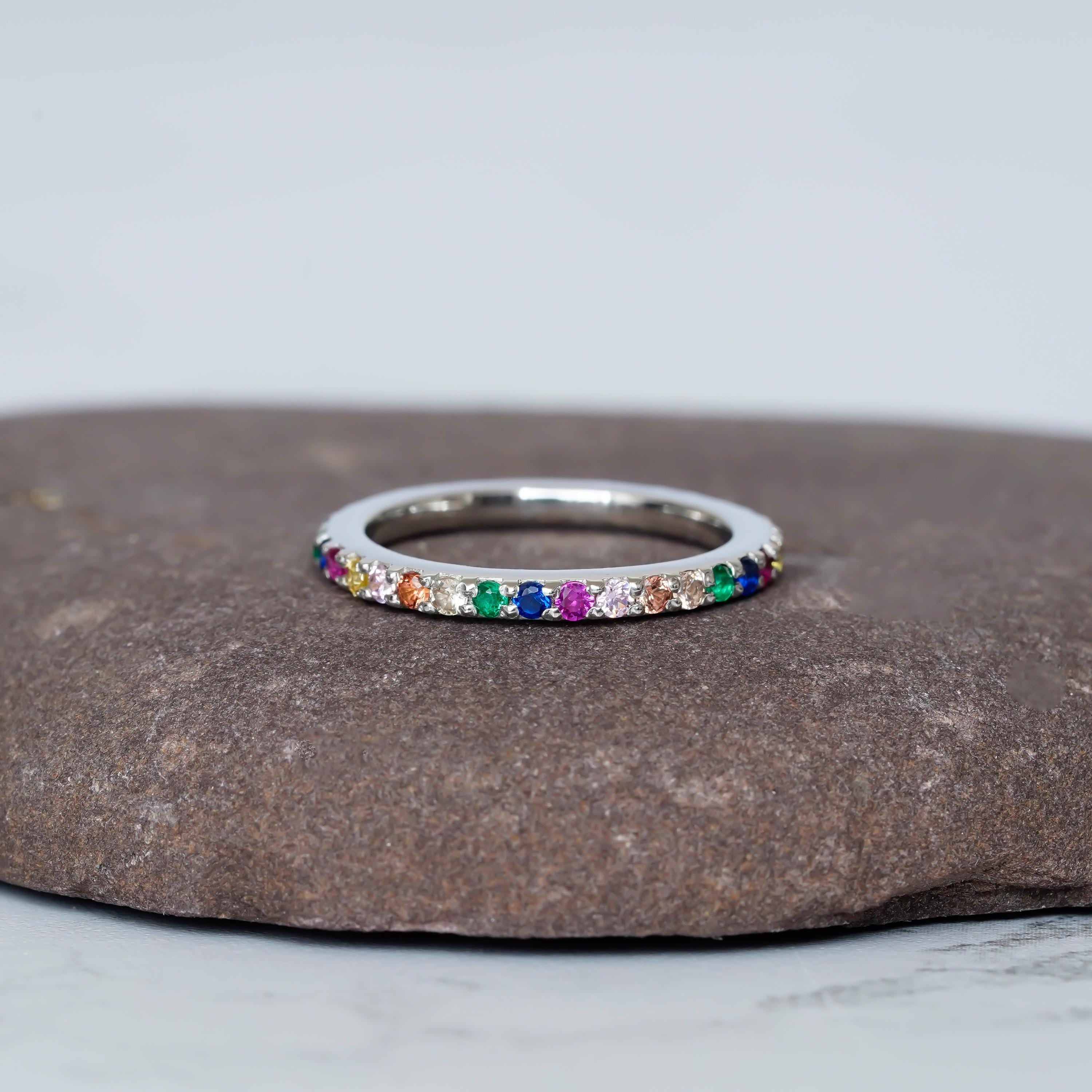Multicolor Eternity Band For Women 925 Sterling Silver CZ Rainbow Stackable Delicate Full  Eternity Bridal Matching Anniversary Gift Dainty