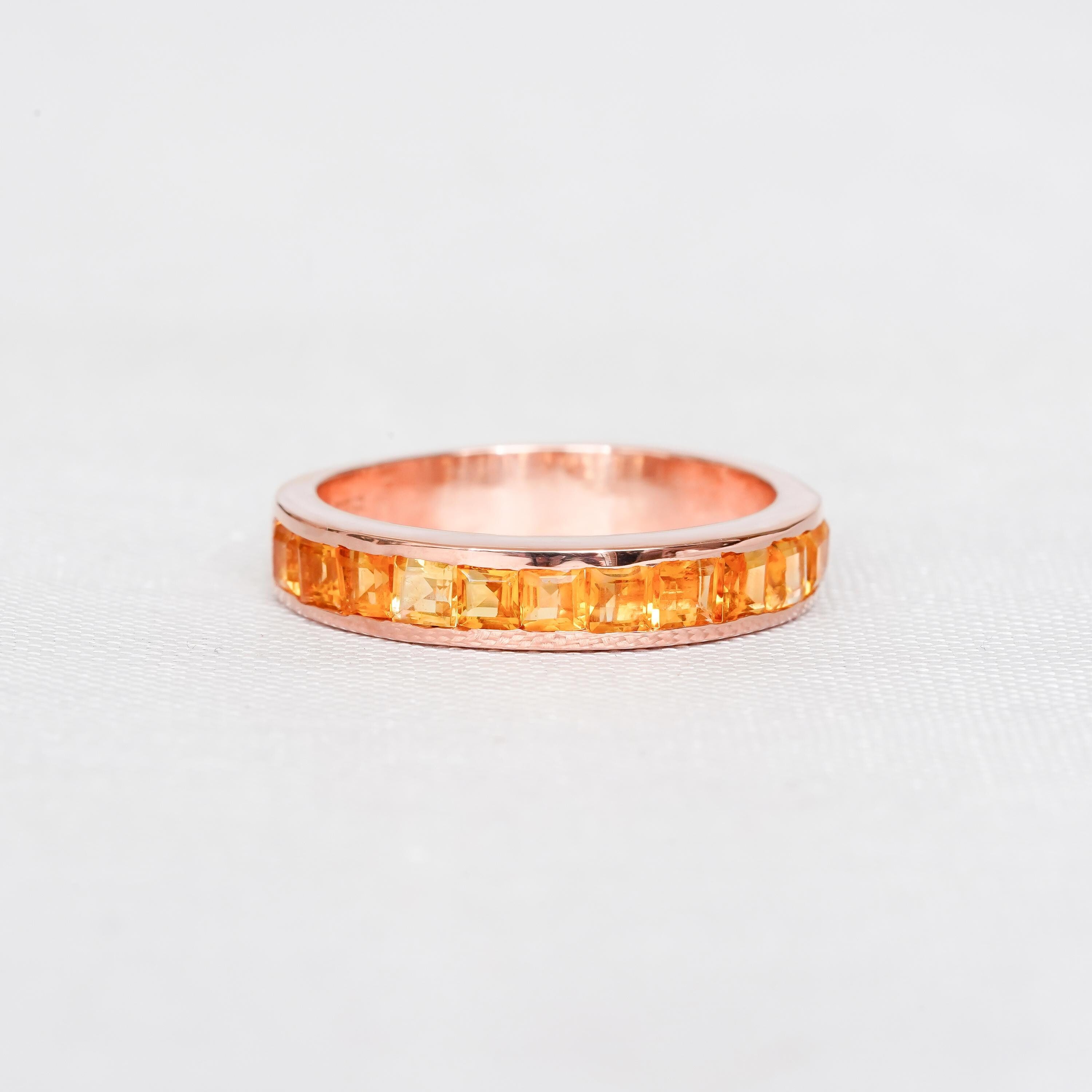 Citrine Half Eternity Band For Women 925 Sterling Silver Princess Cut Yellow Stackable Delicate Bridal Channel Set Anniversary Gift Dainty