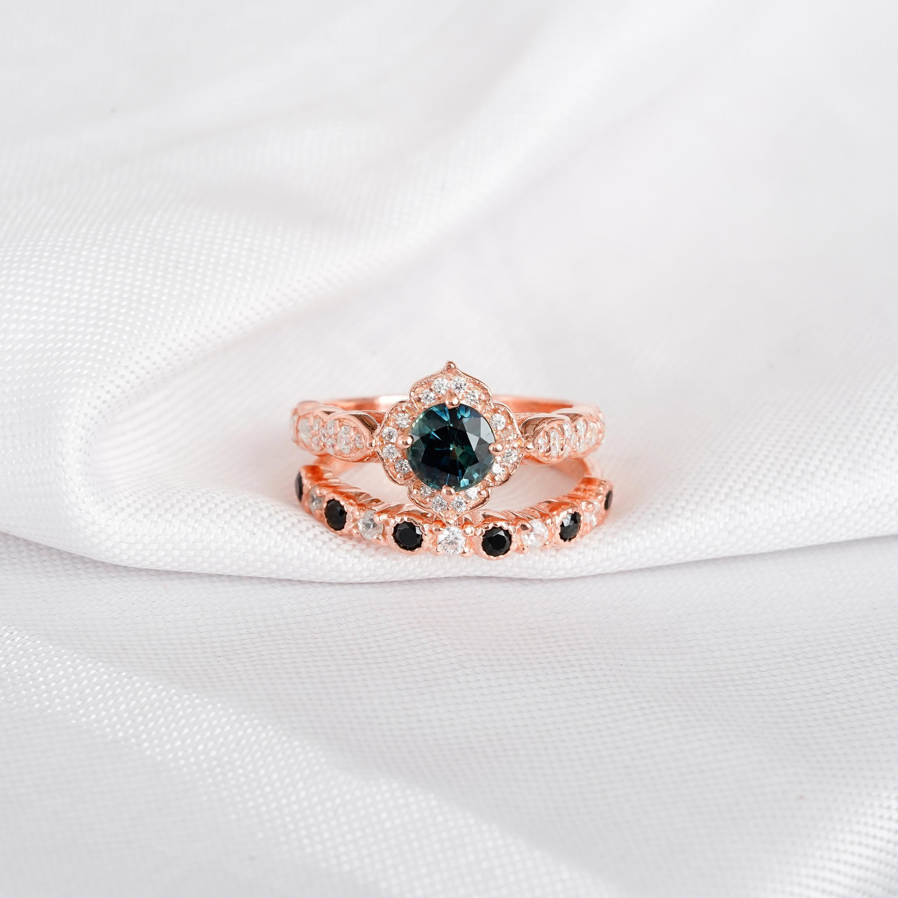 Alexandrite Ring Set Halo Matching Black Onyx Wedding Band For Women Round Engagement Art Deco Milgrain Floral Halo Bridal Proposal Ring