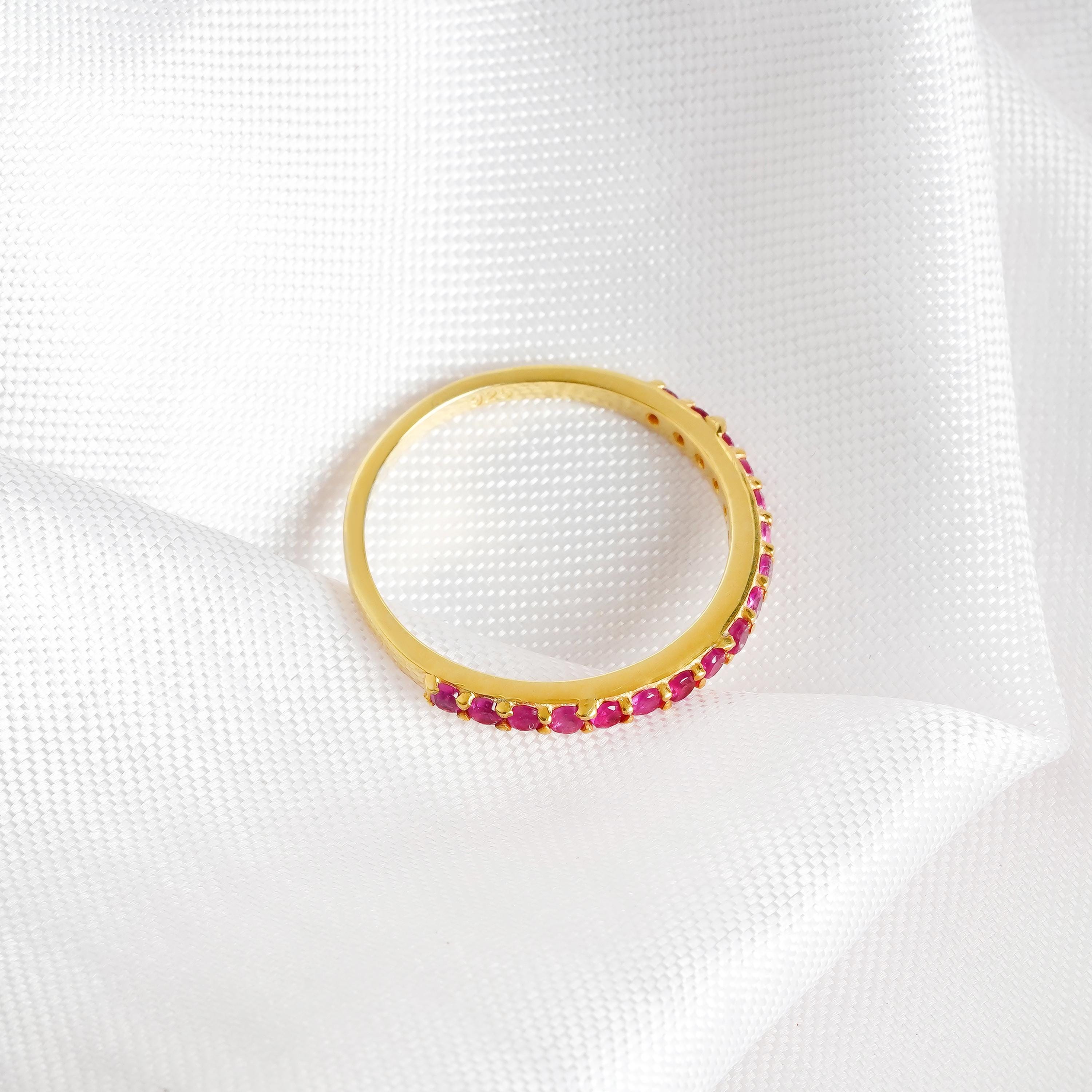 Ruby Half Eternity Band For Women 925 Sterling Silver Stackable Pink Wedding Bridal Anniversary Gift Delicate Minimalist Pave Dainty Band