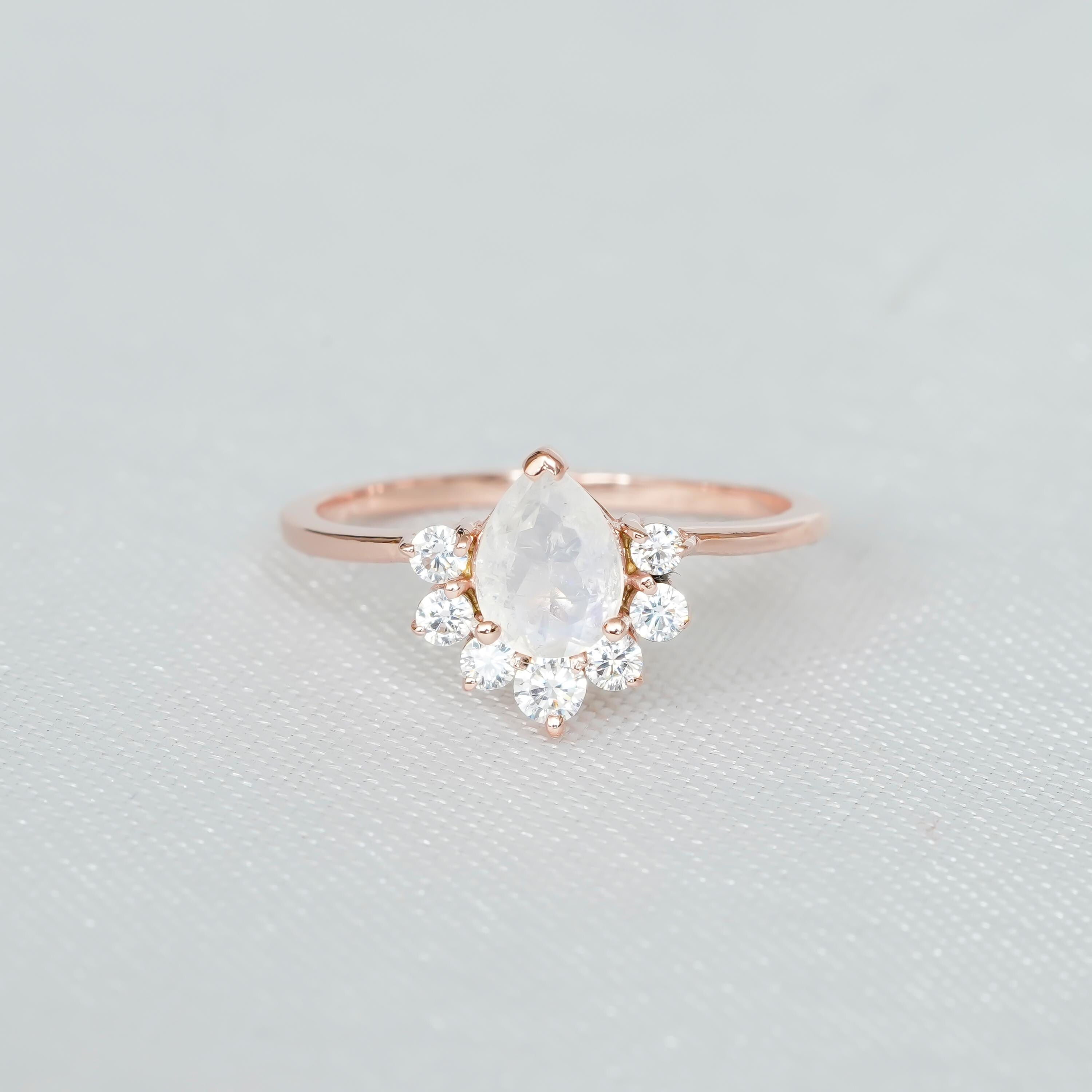 Pear Cut Moonstone Engagement Ring 925 Sterling Silver Teardrop Chevron Wedding Ring For Women Proposal Minimalist Crown Shape Prong Ring