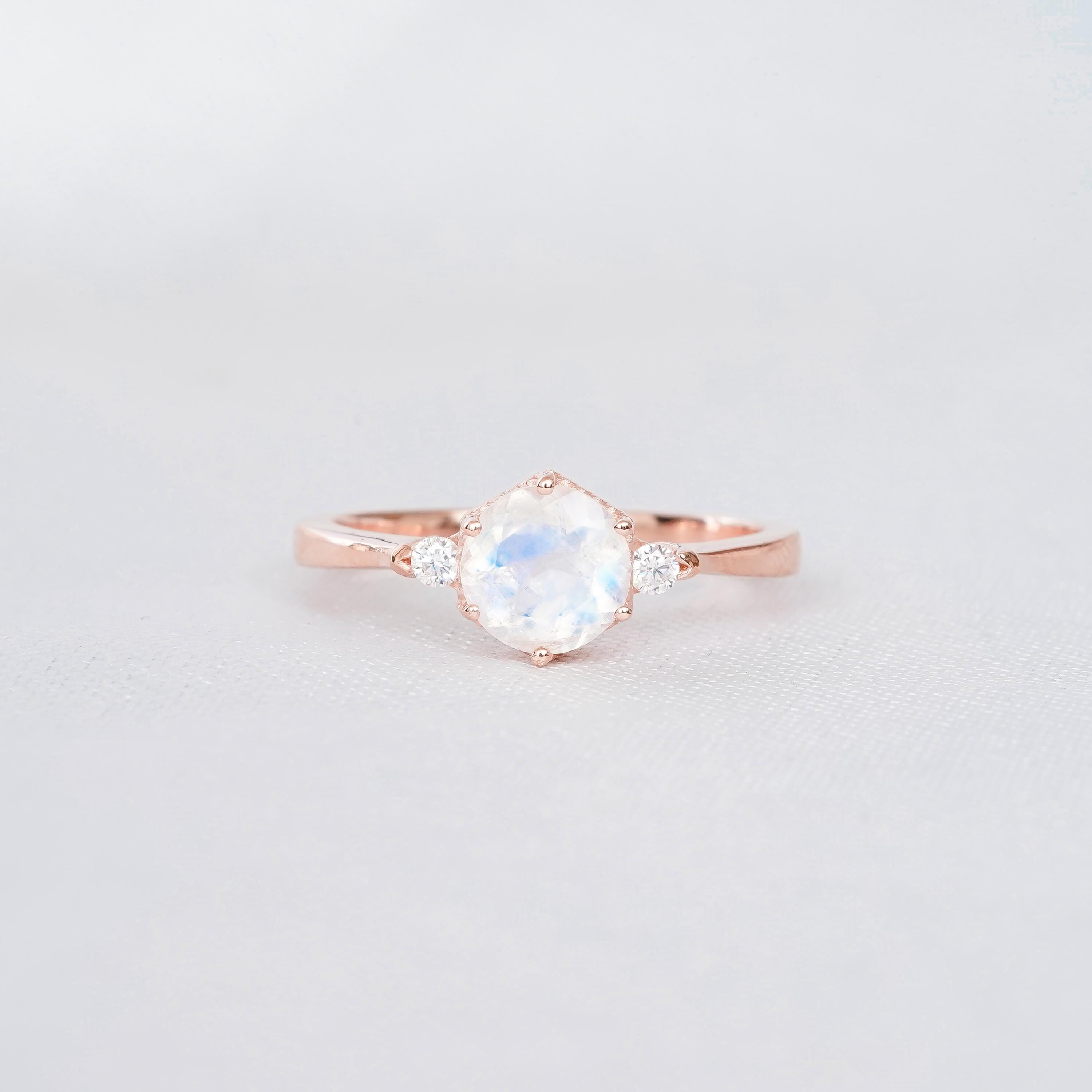 2ct Moonstone Engagement Ring Set Matching Black Onyx Art Deco Wedding Band For Women Hexagon Halo 6 Prong Eternity Bridal Promise Ring