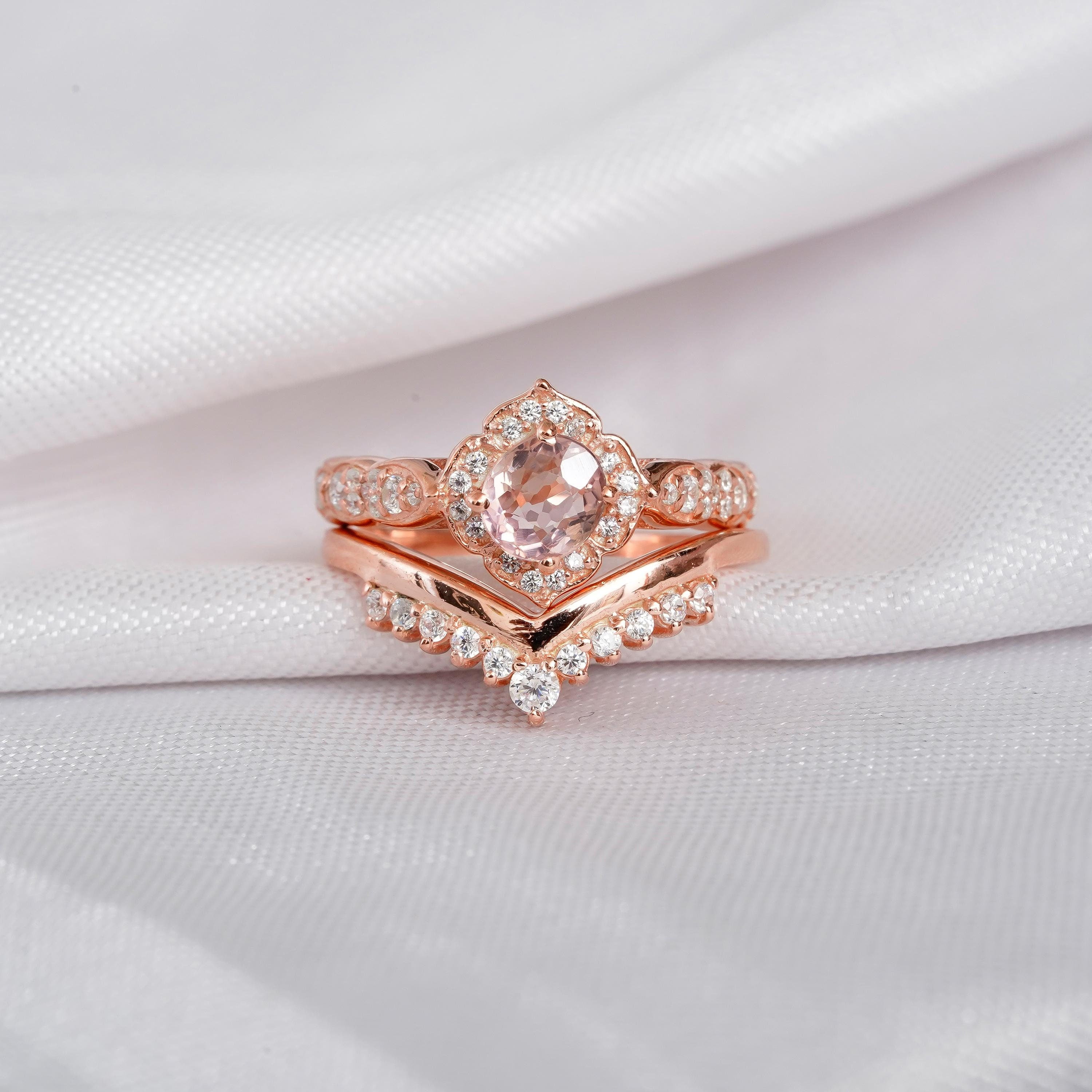 Morganite Engagement Ring Set Matching Moissanite Chevron Wedding Band For Women Round Solitaire Floral Halo Art Deco Bridal Promise Ring