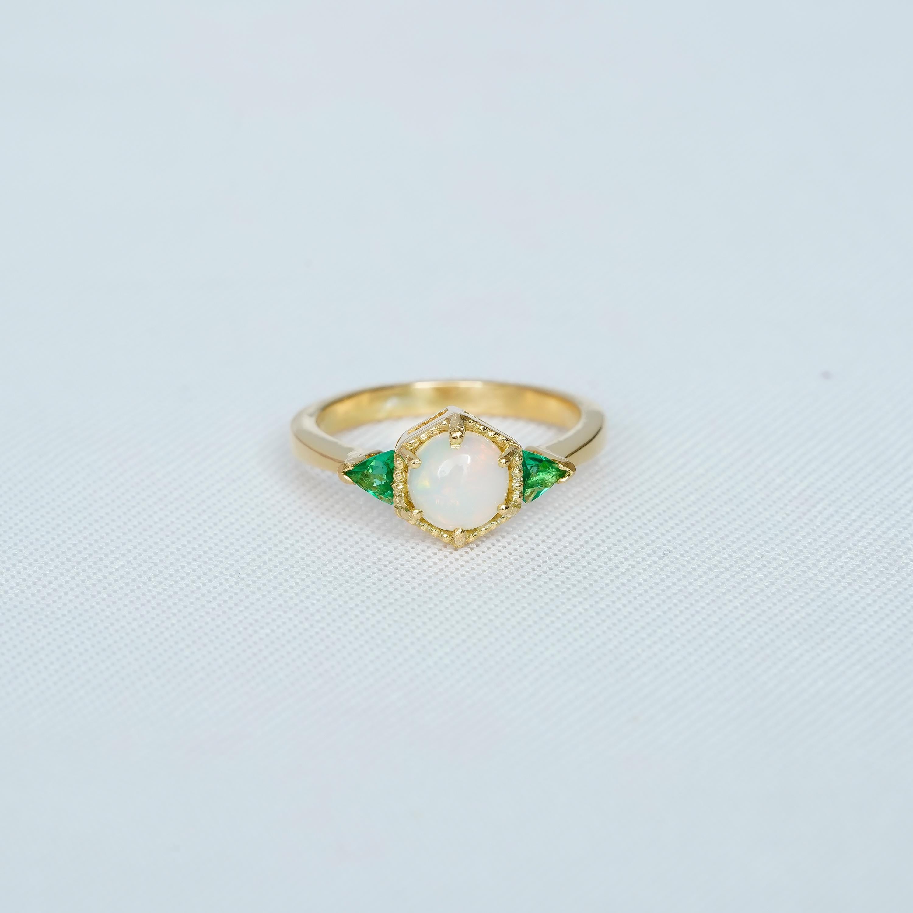Opal Engagement Ring 925 Sterling Silver Round With Trillion Cut Emerald Wedding Ring For Women Proposal Three Stone Solitaire Hexagon Halo