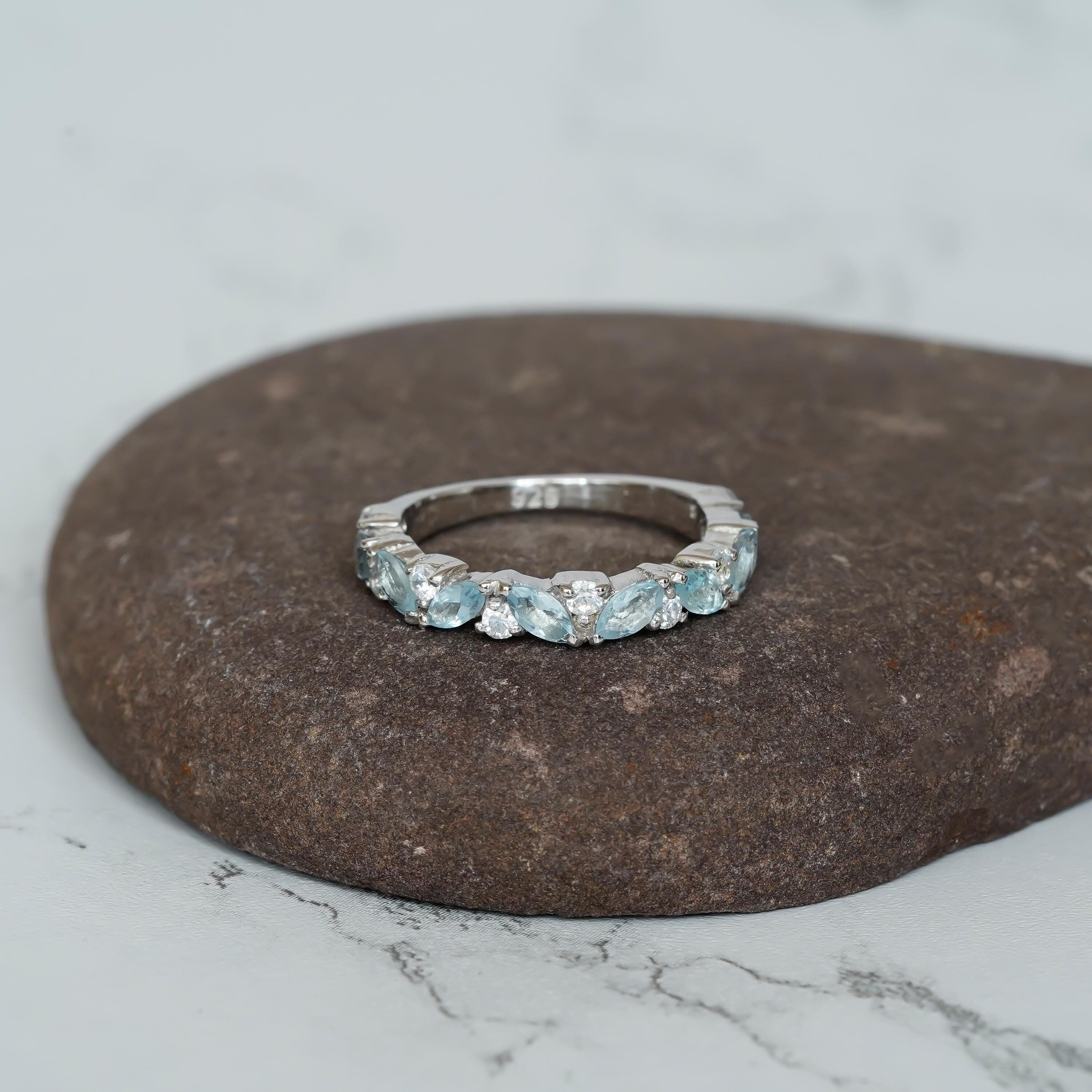 Aquamarine Wedding Band For Women 925 Sterling Silver Moissanites Stackable Blue Half Eternity Bridal Matching Anniversary Gift Dainty Band