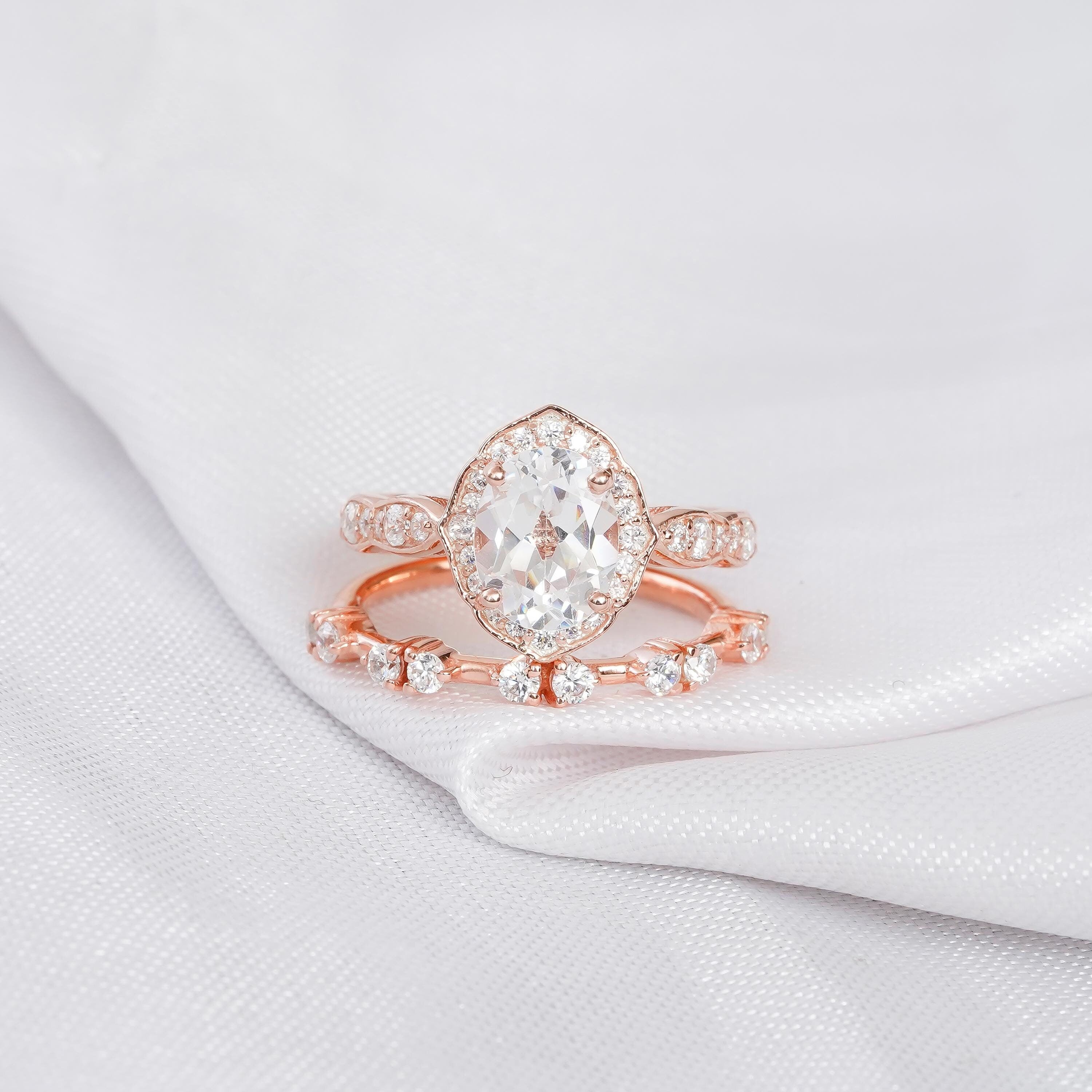 Moissanite Ring Set For Women 925 Sterling Silver Milgrain Bridal Oval 2ct Art Deco Engagement Ring Matching Moissanite Dainty Wedding Band