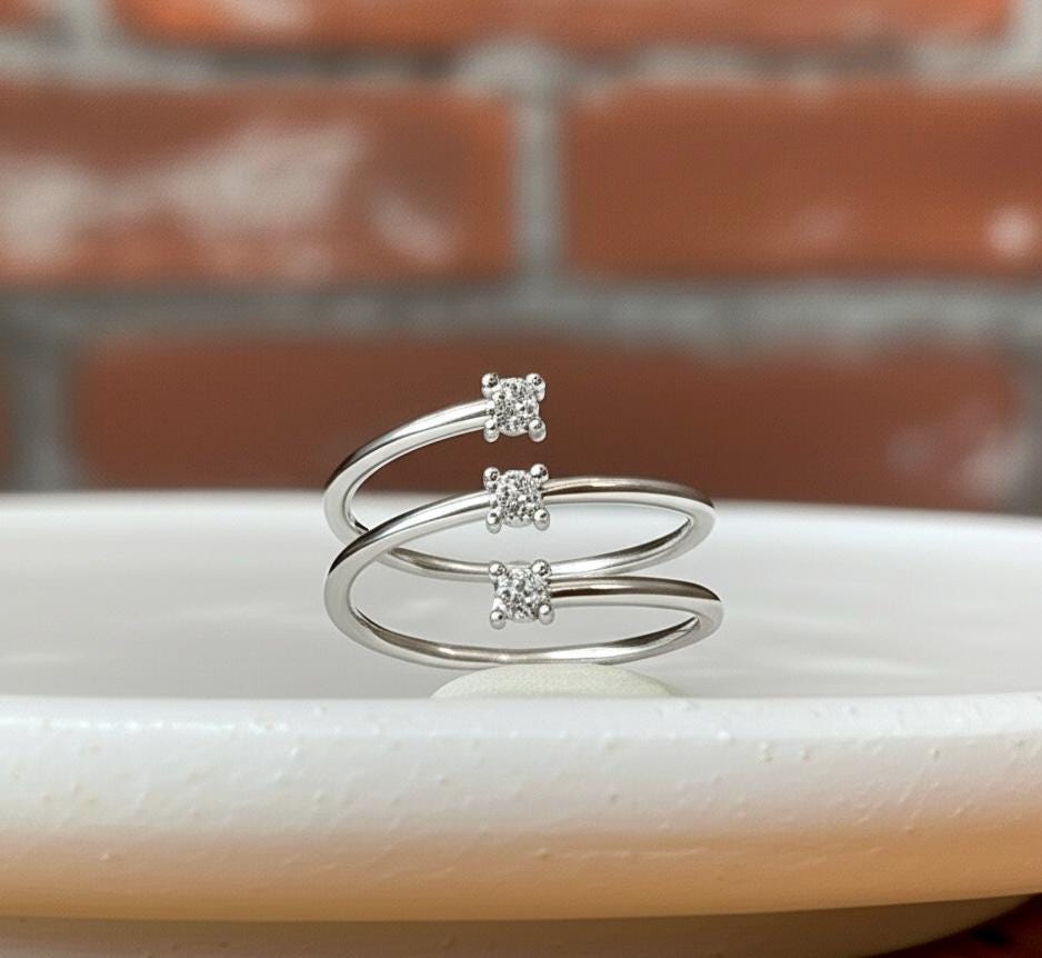 Sterling Silver Spiral Ring | Three Stone Diamond Wrap Ring | Three Stone Bypass Ring | Modern Dainty Coil Ring | Swirl Ring | Promise Ring