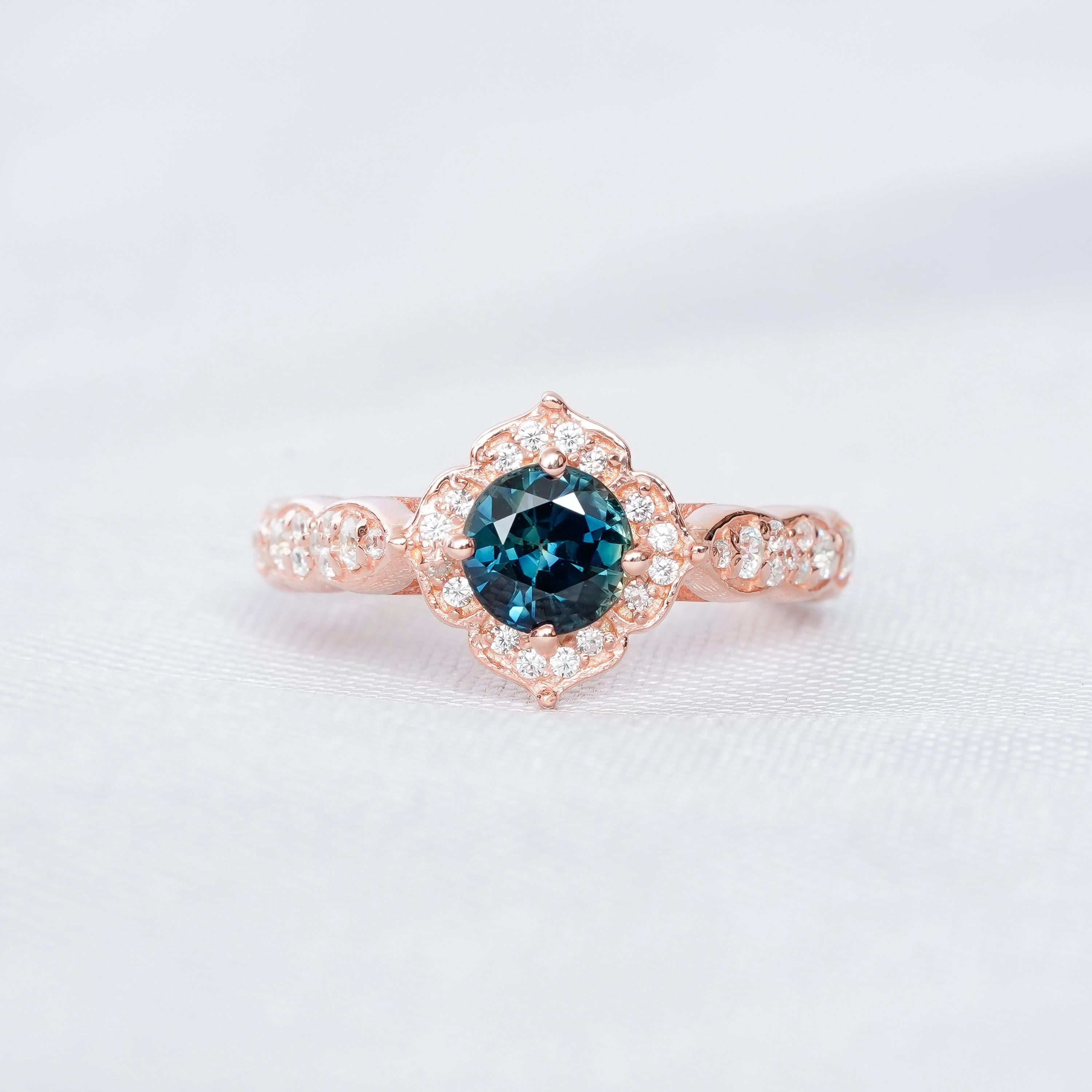 Alexandrite Engagement Ring Set Halo Matching Blue Sapphire Wedding Band For Women Round Art Deco Milgrain Floral Halo Bridal Proposal Ring