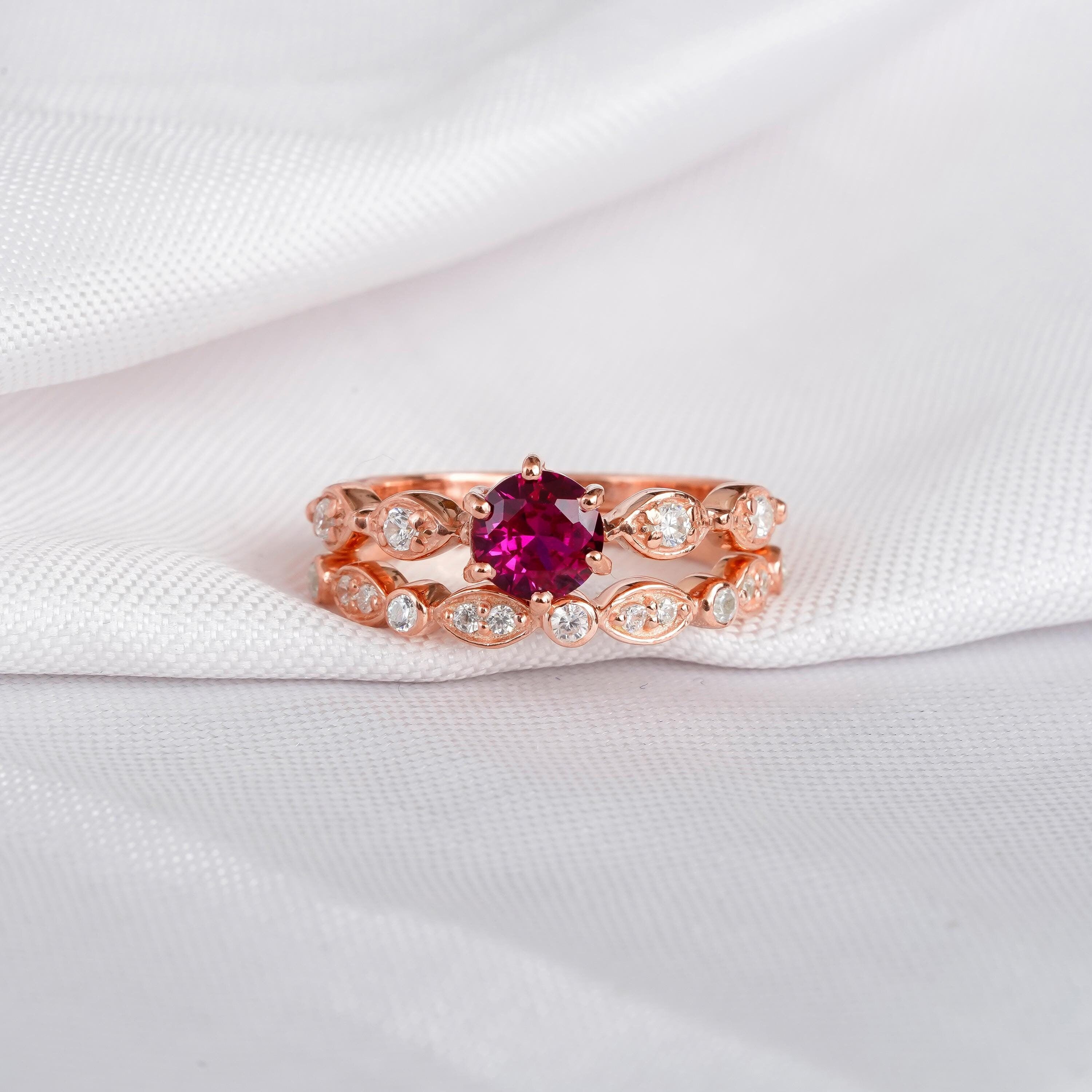 Ruby Engagement Ring Set Matching Moissanite Art Deco Wedding Band For Women Round Milgrain Solitaire Eternity 6 Prong Bridal Promise Ring