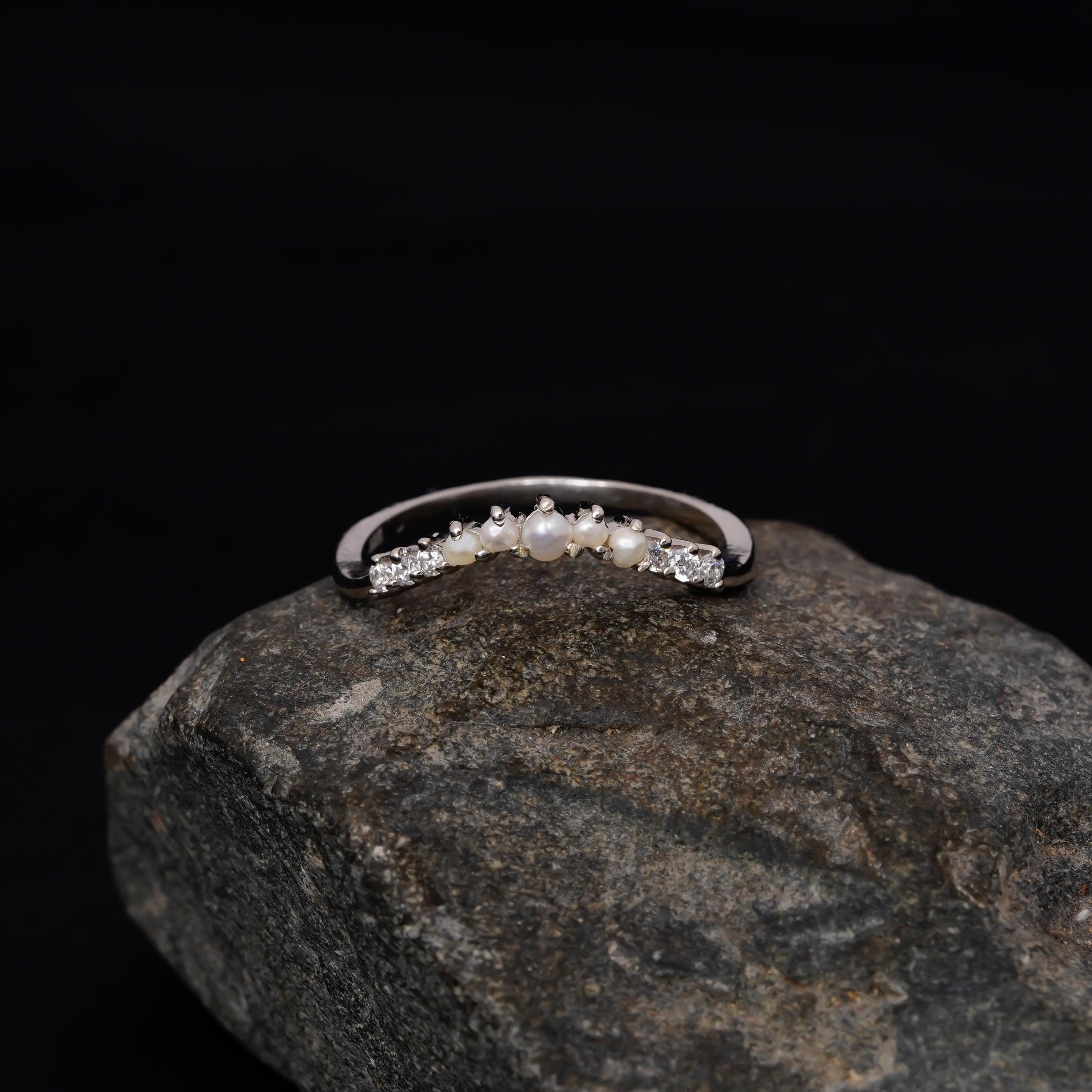 Curved Pearl Wedding Band For Women 925 Sterling Silver With Moissanites Stackable Round White Bridal Matching Anniversary Gift Dainty Band