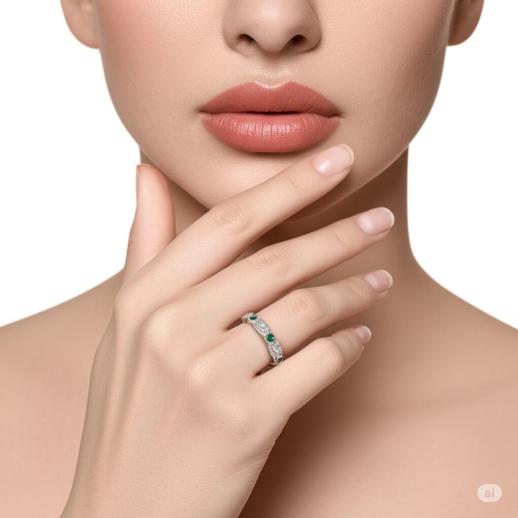 Emerald Wedding Band With Moissanite Bezel Set Art Deco Eternity Band Milgrain Stacking Dainty Silver Anniversary Gift Promise Ring For Her