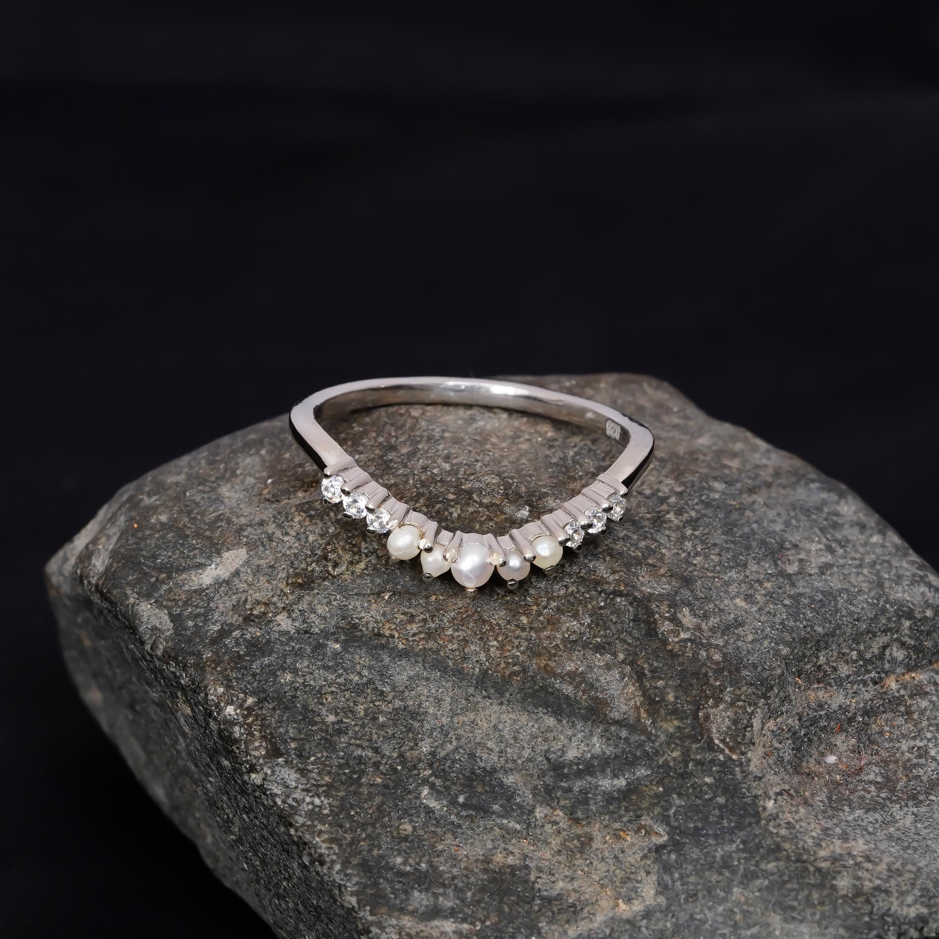 Curved Pearl Wedding Band For Women 925 Sterling Silver With Moissanites Stackable Round White Bridal Matching Anniversary Gift Dainty Band