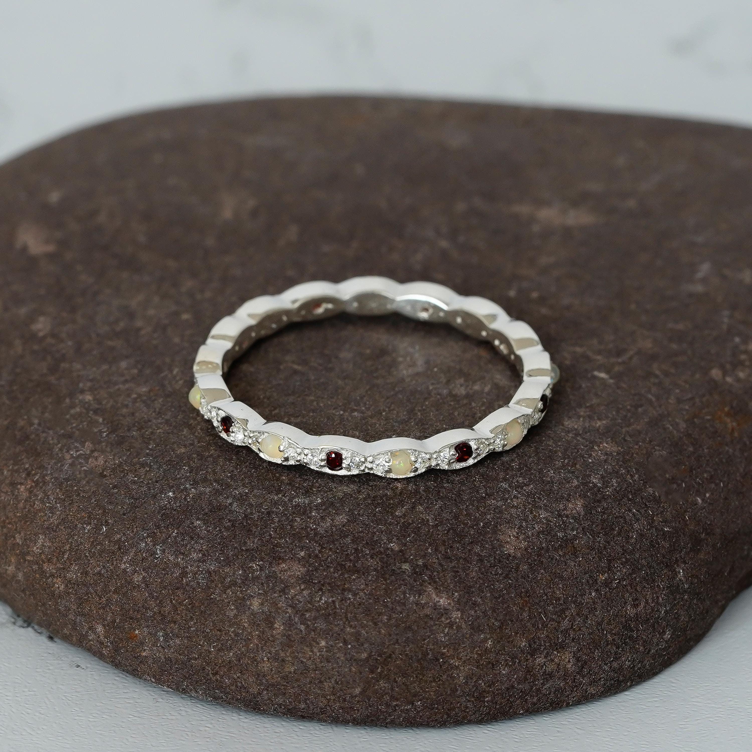 Opal Eternity Band For Women 925 Sterling Silver With Ruby Stackable Delicate Full Eternity Bridal Matching Anniversary Gift Dainty Band
