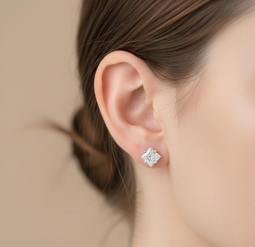 Princess Cut Moissanite Stud Earrings For Women 925 Sterling Silver Push Back Minimalist Dainty Vertical Prong Set Anniversary Gift For Her