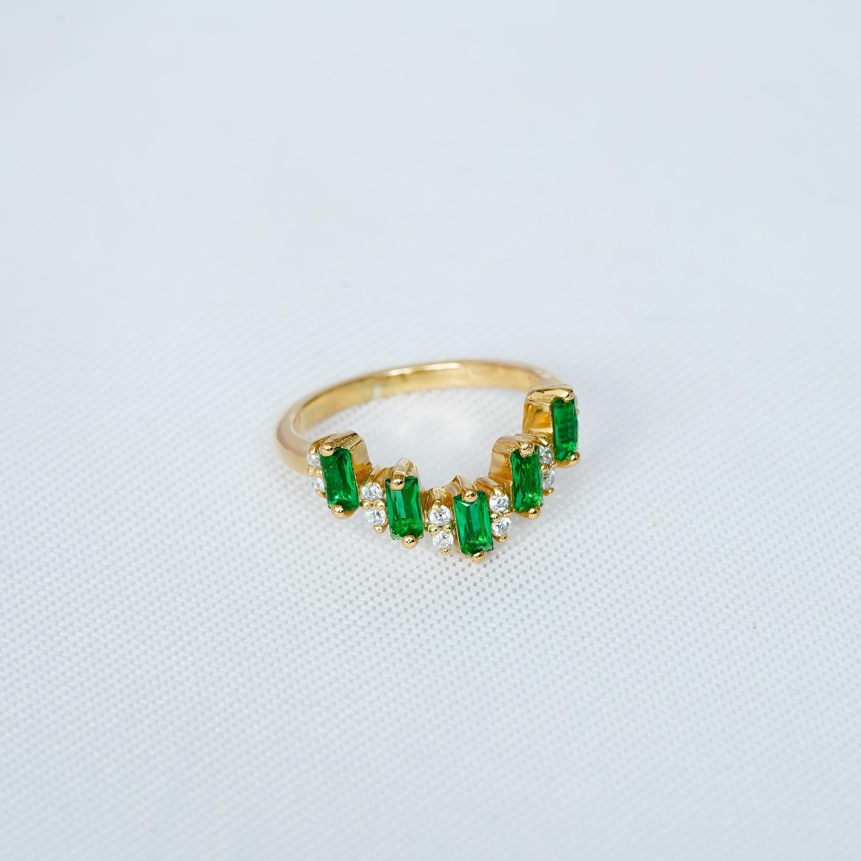 Curved Emerald Band For Women 925 Sterling Silver With Moissanites Wedding Green Stackable Eternity Matching Anniversary Gift Dainty Band