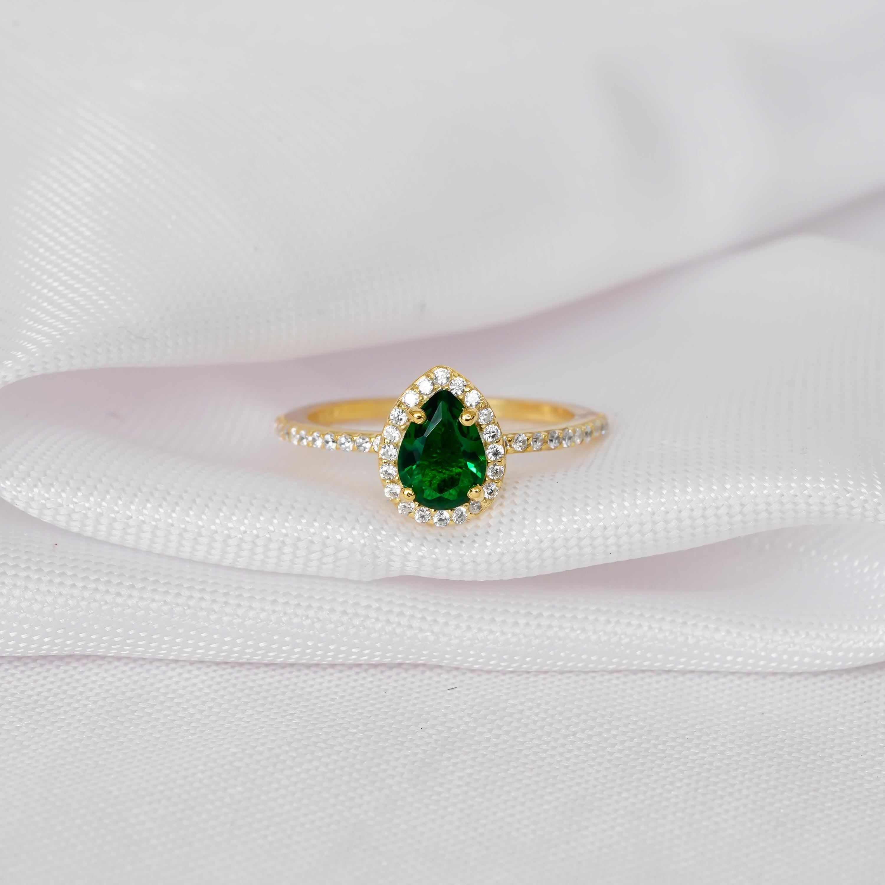 Pear Emerald Engagement Ring, 925 Sterling Silver Created Emerald Wedding Ring For Women, Teardrop Green Emerald Halo Ring, Proposal Ring