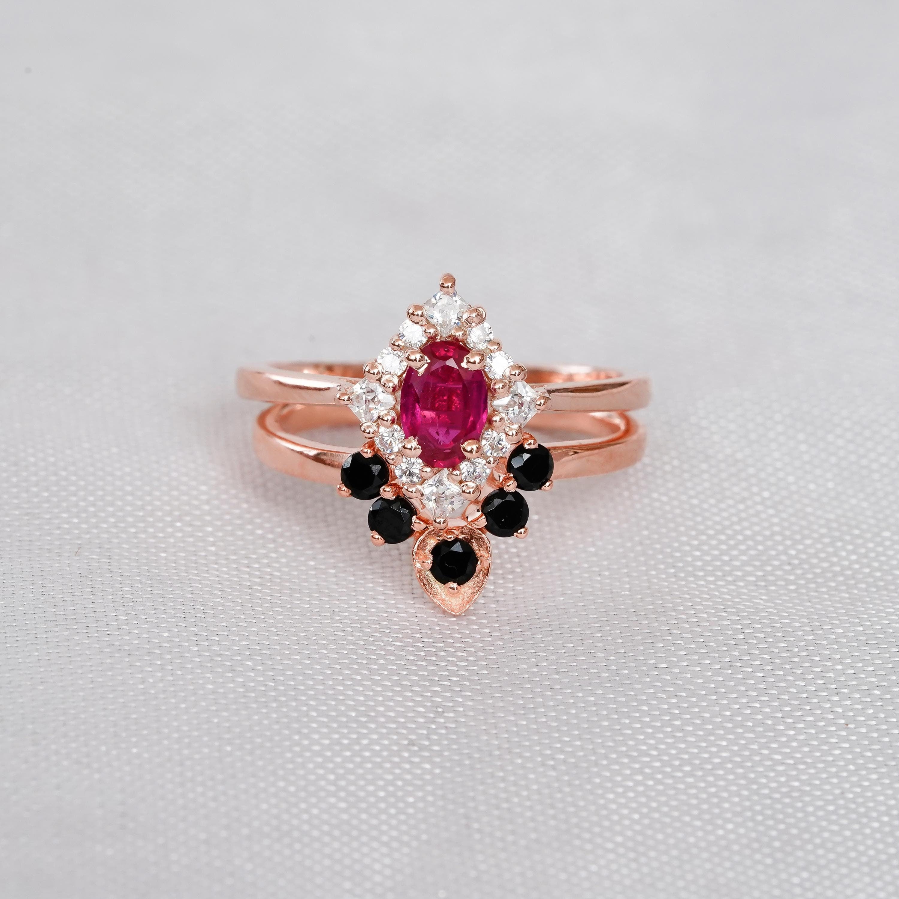 Ruby Ring Set Matching Black Onyx Chevron Wedding Band For Women Oval Cut Engagement Art Deco Marquise Kite Halo Prong Bridal Promise Ring
