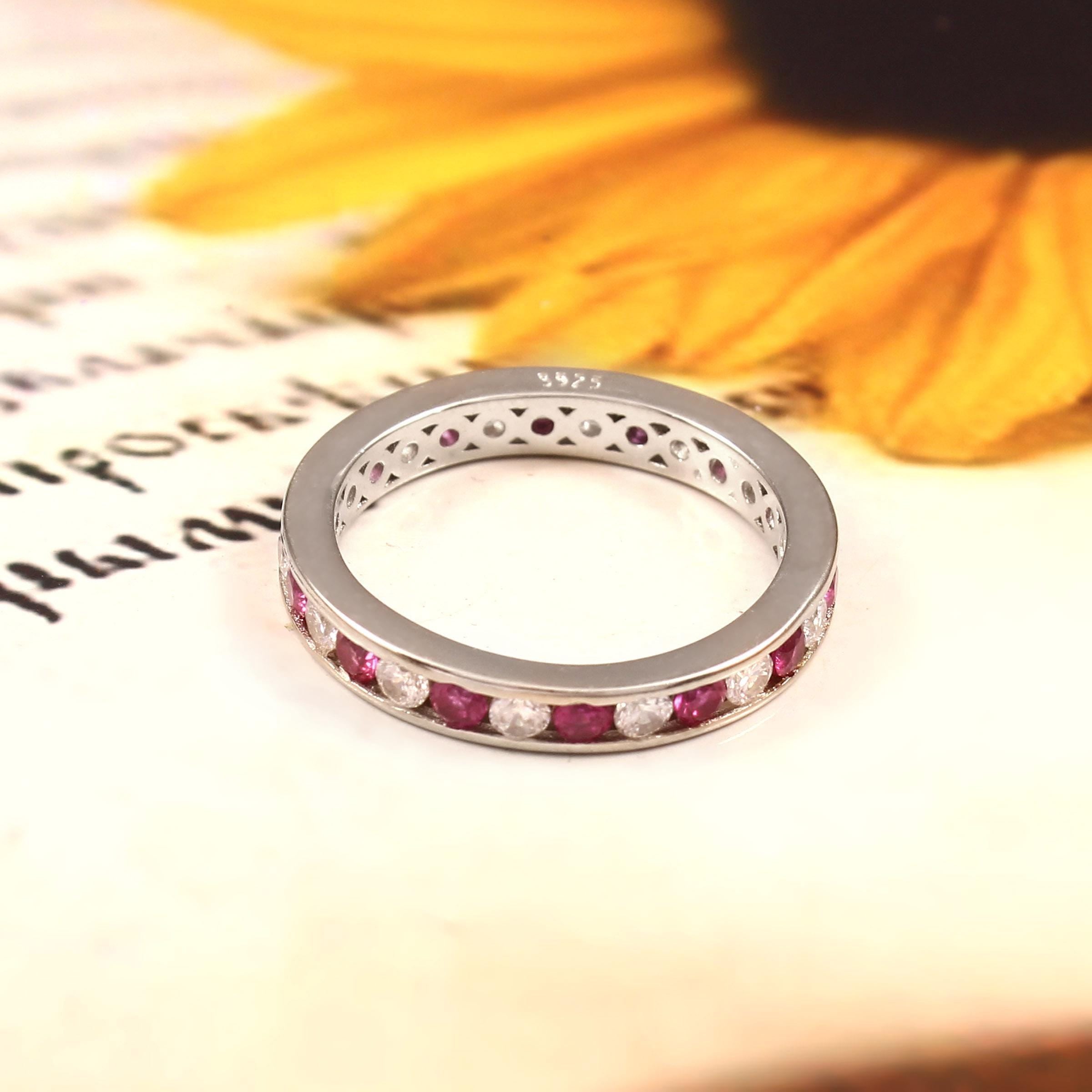 Ruby Moissanite Band Full Eternity Channel Alternate Set Art Deco Classic Round Stacking Dainty Silver Anniversary Gift Promise Ring For Her