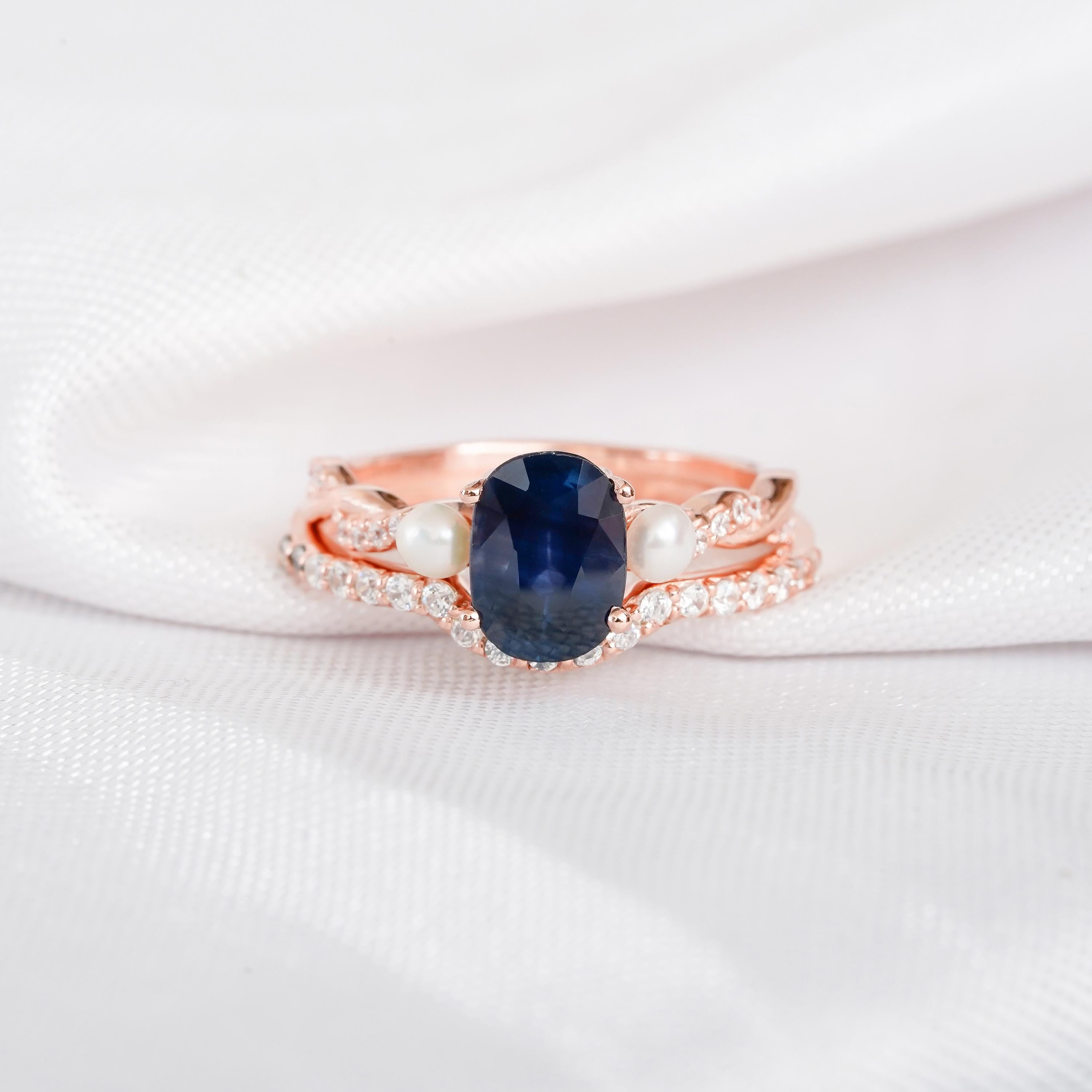 Blue Sapphire Ring Set Matching Moissanite Curved Wedding Band For Women Engagement Art Deco Pearl Accent Infinity Halo Bridal Proposal Ring