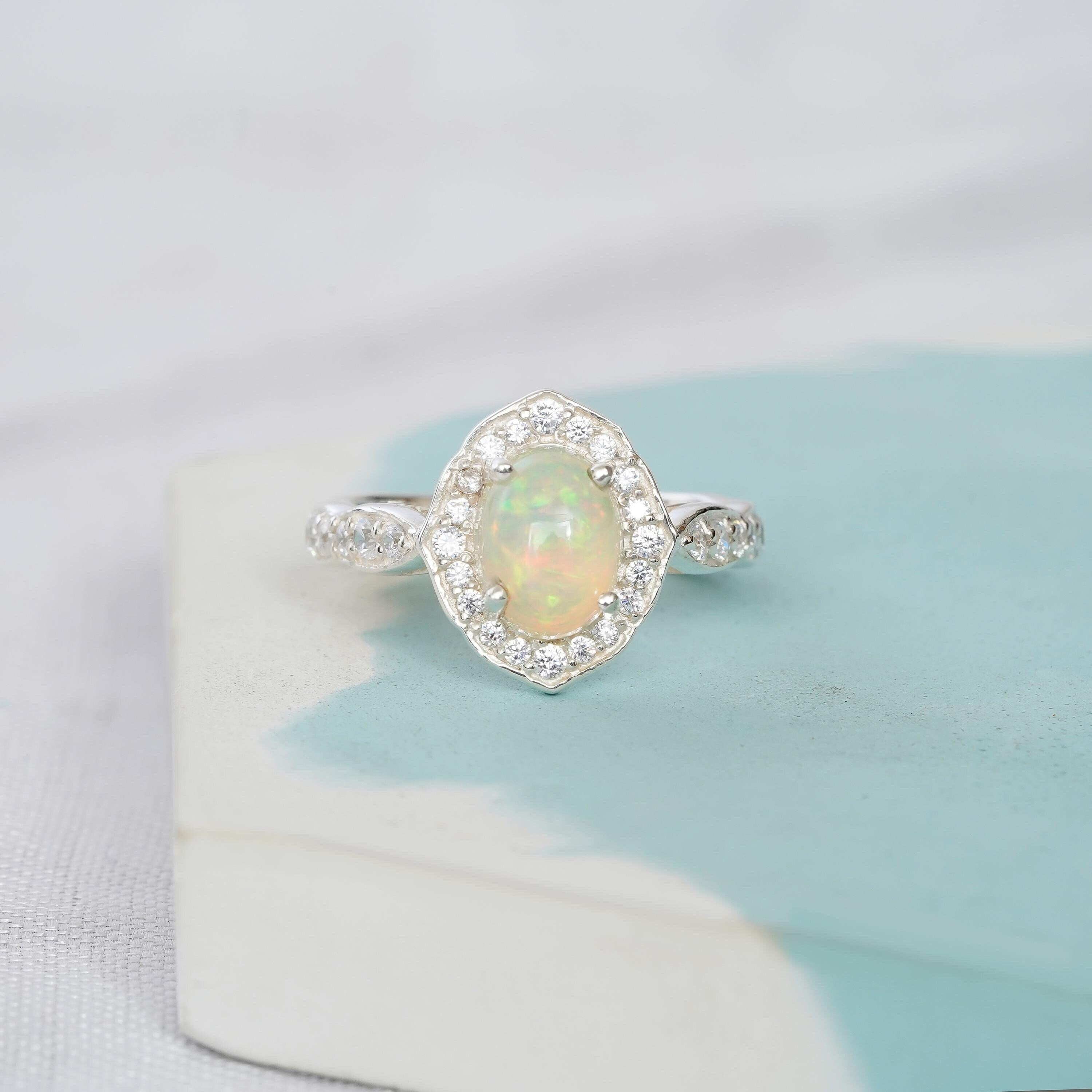 Opal Engagement Ring 925 Sterling Silver Oval Shape Fire Opal Wedding Ring For Women Proposal Flower Halo Vintage Milgrain Solitaire Ring